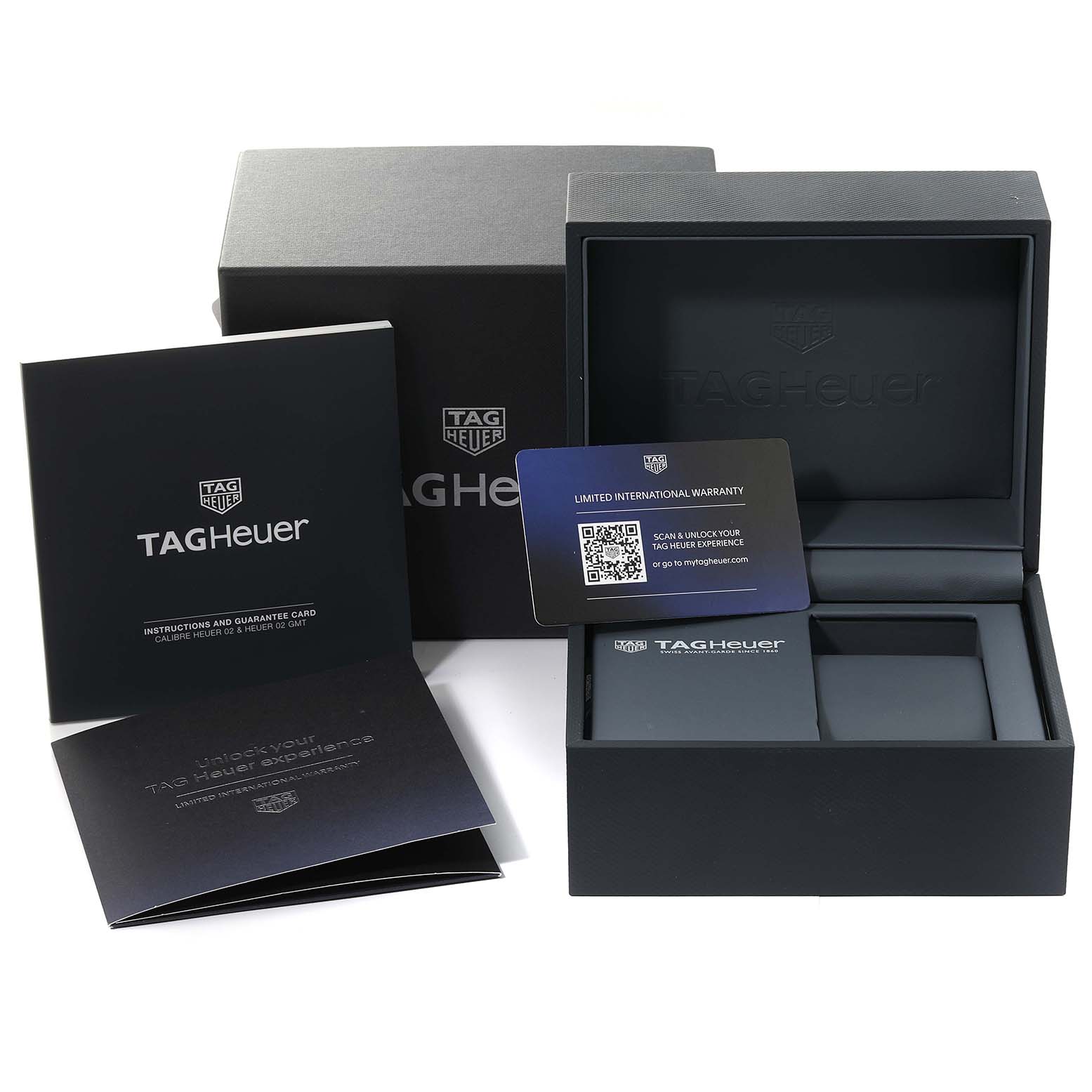 The image shows the packaging, warranty card, and instruction manual for a Tag Heuer Carrera CBN2010.BA0642 Men's Stainless Steel Black Dial CBN2010.BA0642 Men's Stainless Steel Black Dial watch.
