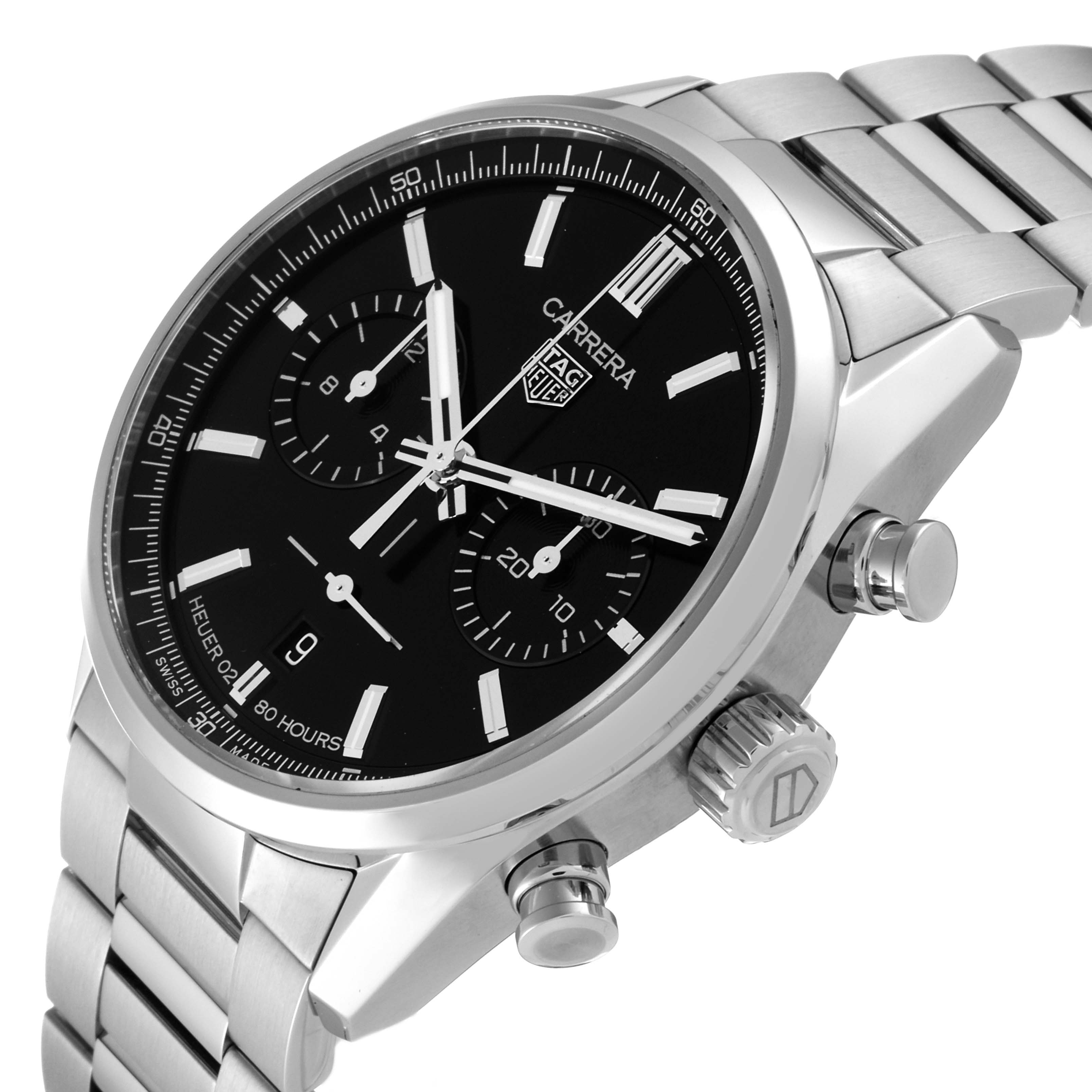 The image shows the Tag Heuer Carrera CBN2010.BA0642 Men's Stainless Steel Black Dial CBN2010.BA0642 Men's Stainless Steel Black Dial watch at a three-quarter angle highlighting the face, side buttons, crown, and a portion of the bracelet.