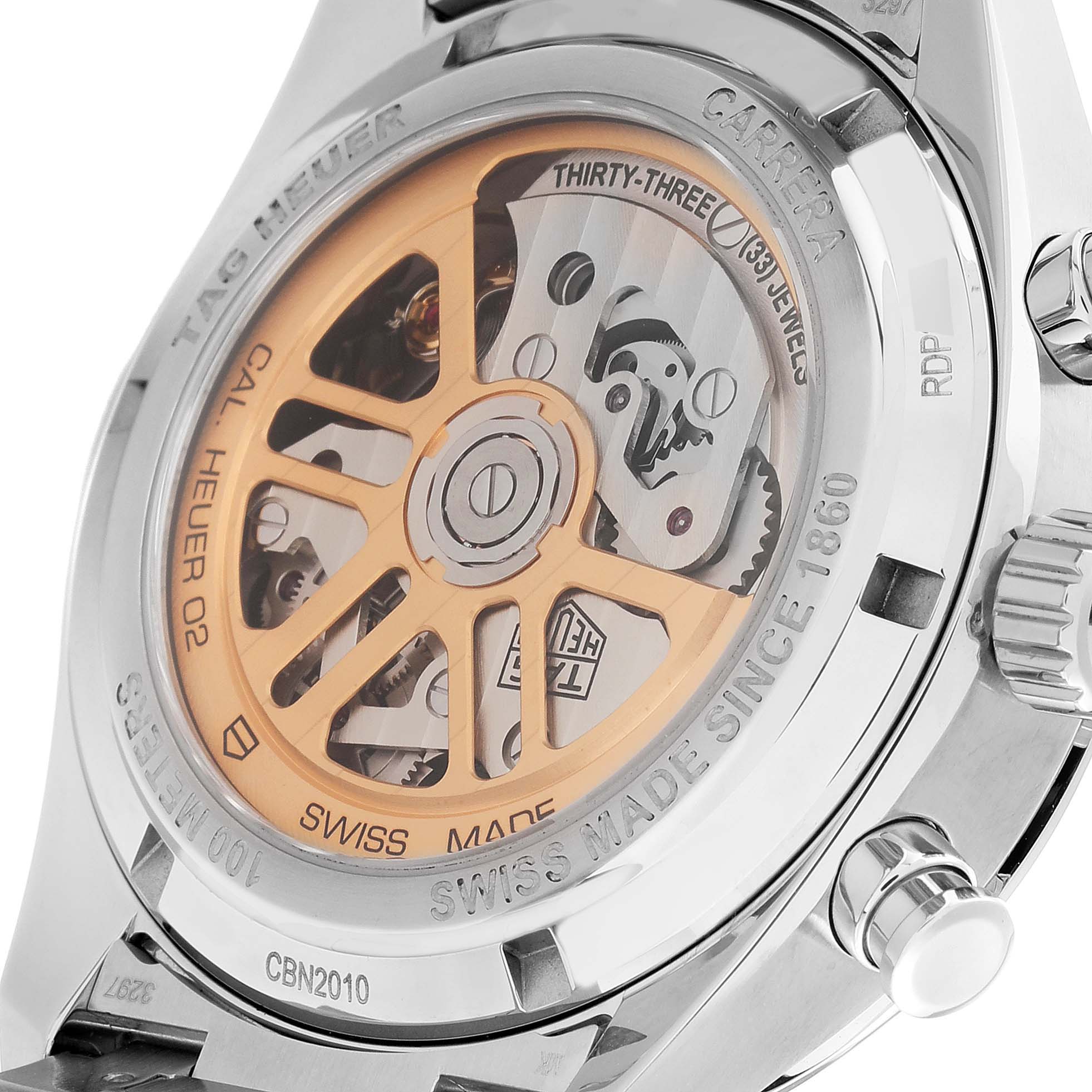 The image shows the back view of the Tag Heuer Carrera CBN2010.BA0642 Men's Stainless Steel Black Dial CBN2010.BA0642 Men's Stainless Steel Black Dial watch, displaying its intricate mechanical movement.