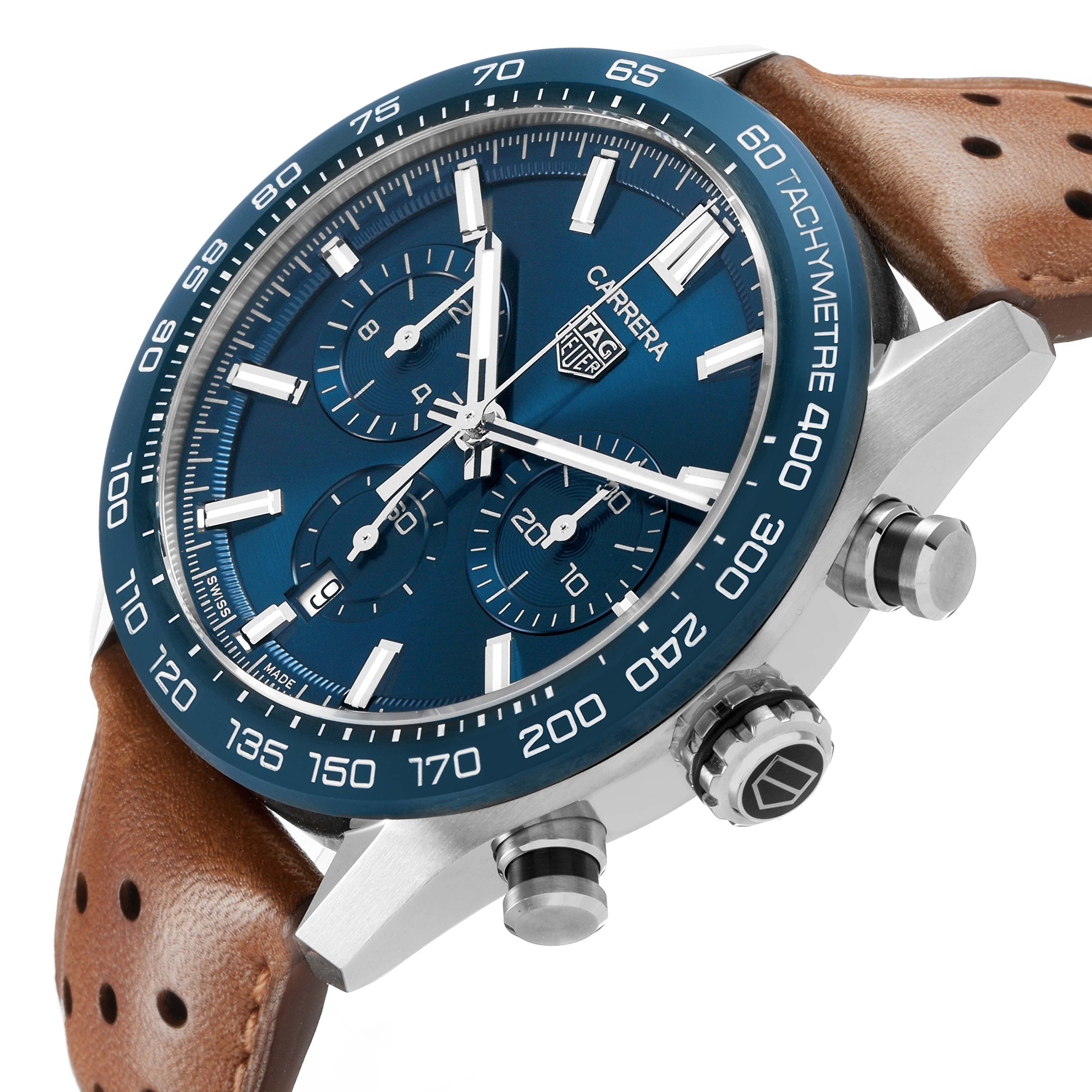 The Tag Heuer Carrera CBN2A1A Men's Stainless Steel Blue Dial watch is shown at an angled side view, highlighting the dial, subdials, tachymeter bezel, and crown.