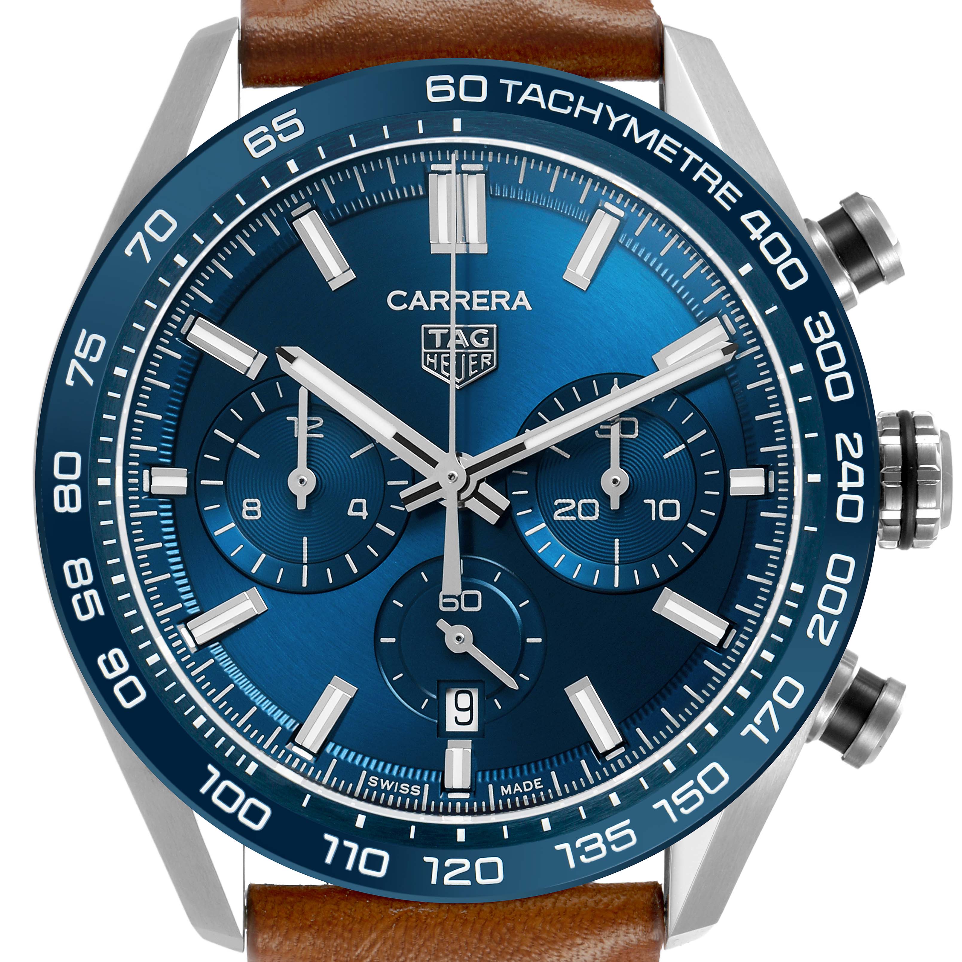The image shows a front view of the Tag Heuer Carrera CBN2A1A Men's Stainless Steel Blue Dial watch, highlighting its blue dial, tachymeter bezel, and chronograph subdials.
