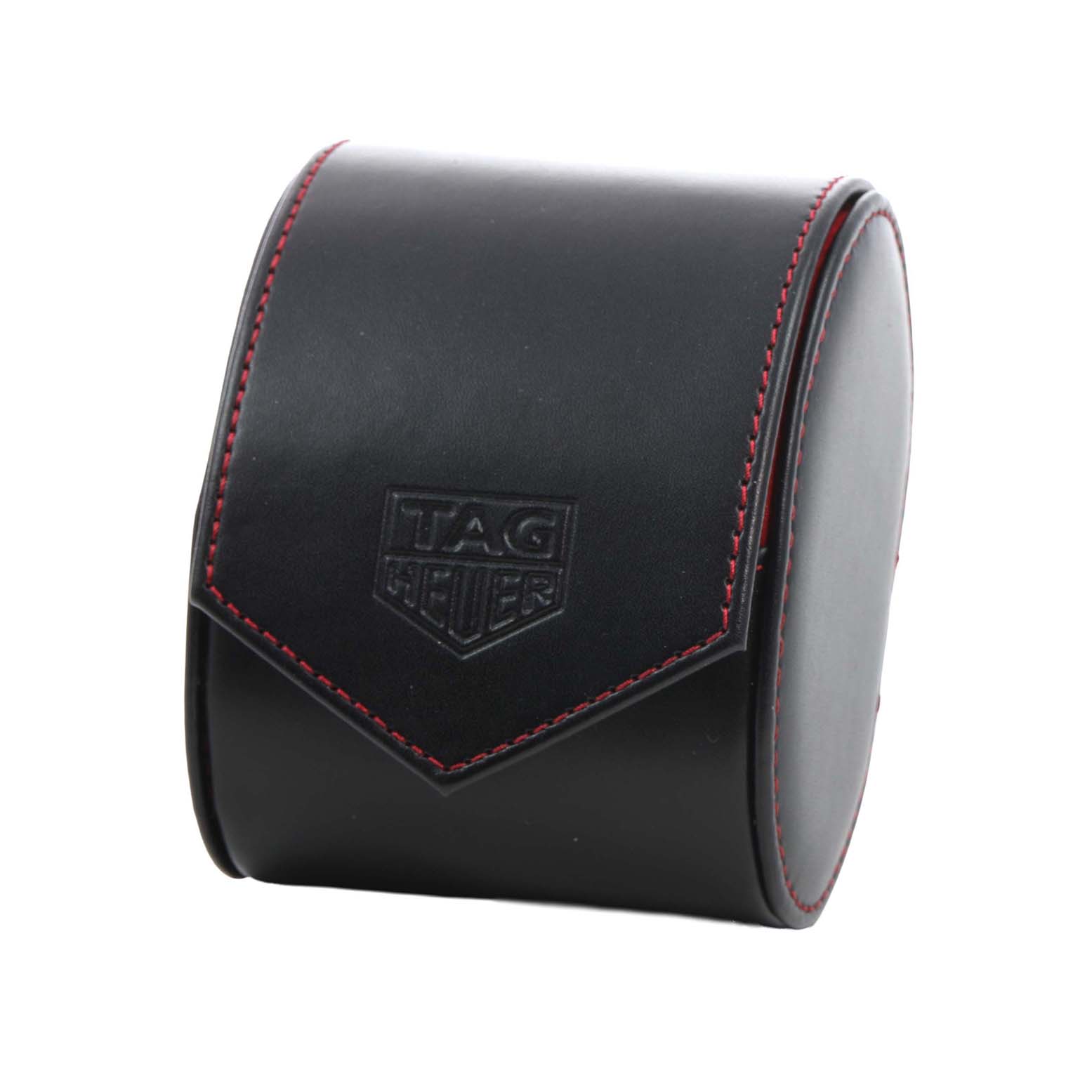 The image shows a black leather case with red stitching for a TAG Heuer Carrera watch.