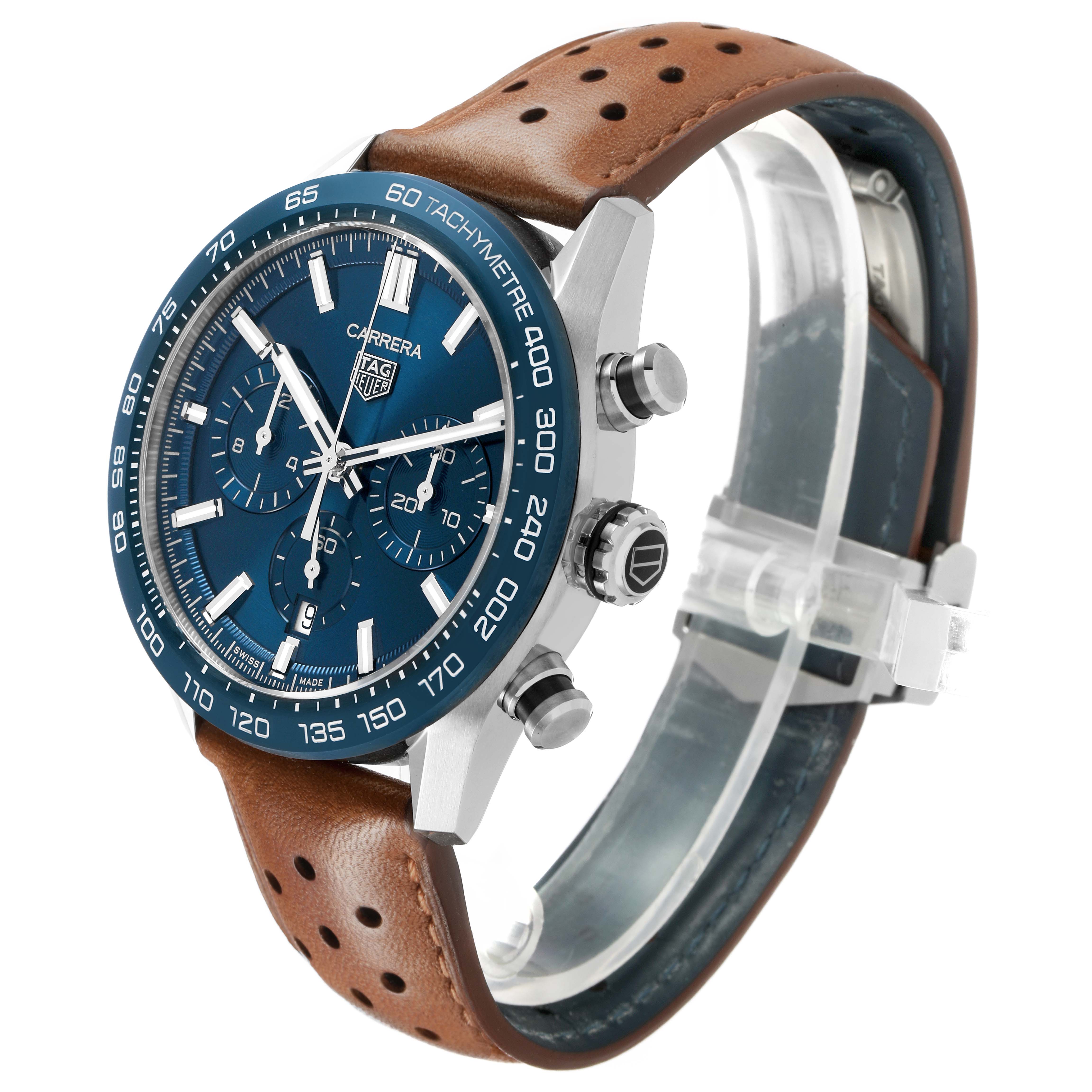 This Tag Heuer Carrera CBN2A1A Men's Stainless Steel Blue Dial watch is shown at a three-quarter angle, highlighting its face, bezel, crown, and perforated brown strap.
