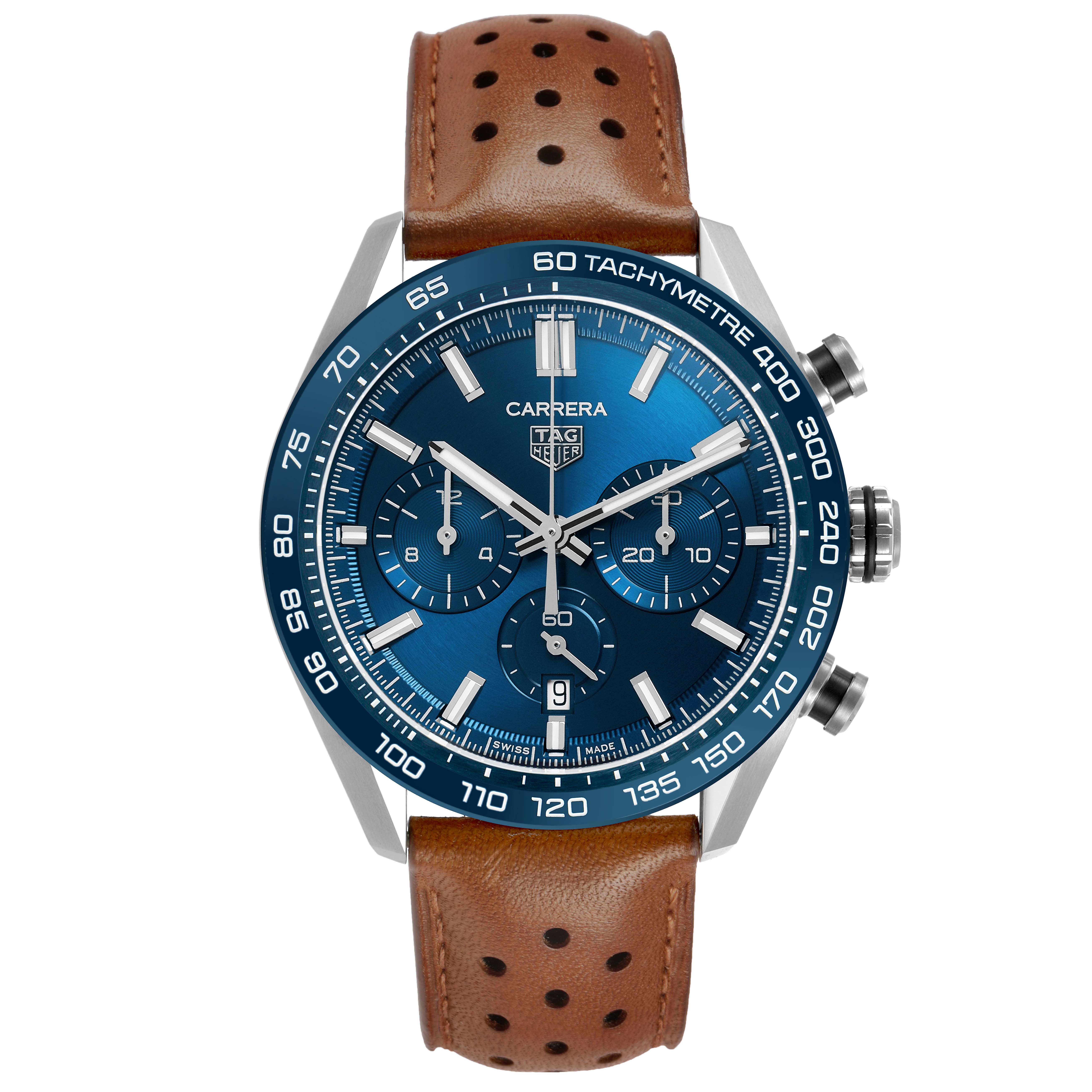 The image shows a frontal view of the Tag Heuer Carrera CBN2A1A Men's Stainless Steel Blue Dial watch, highlighting its blue dial, tachymeter bezel, and brown leather strap.