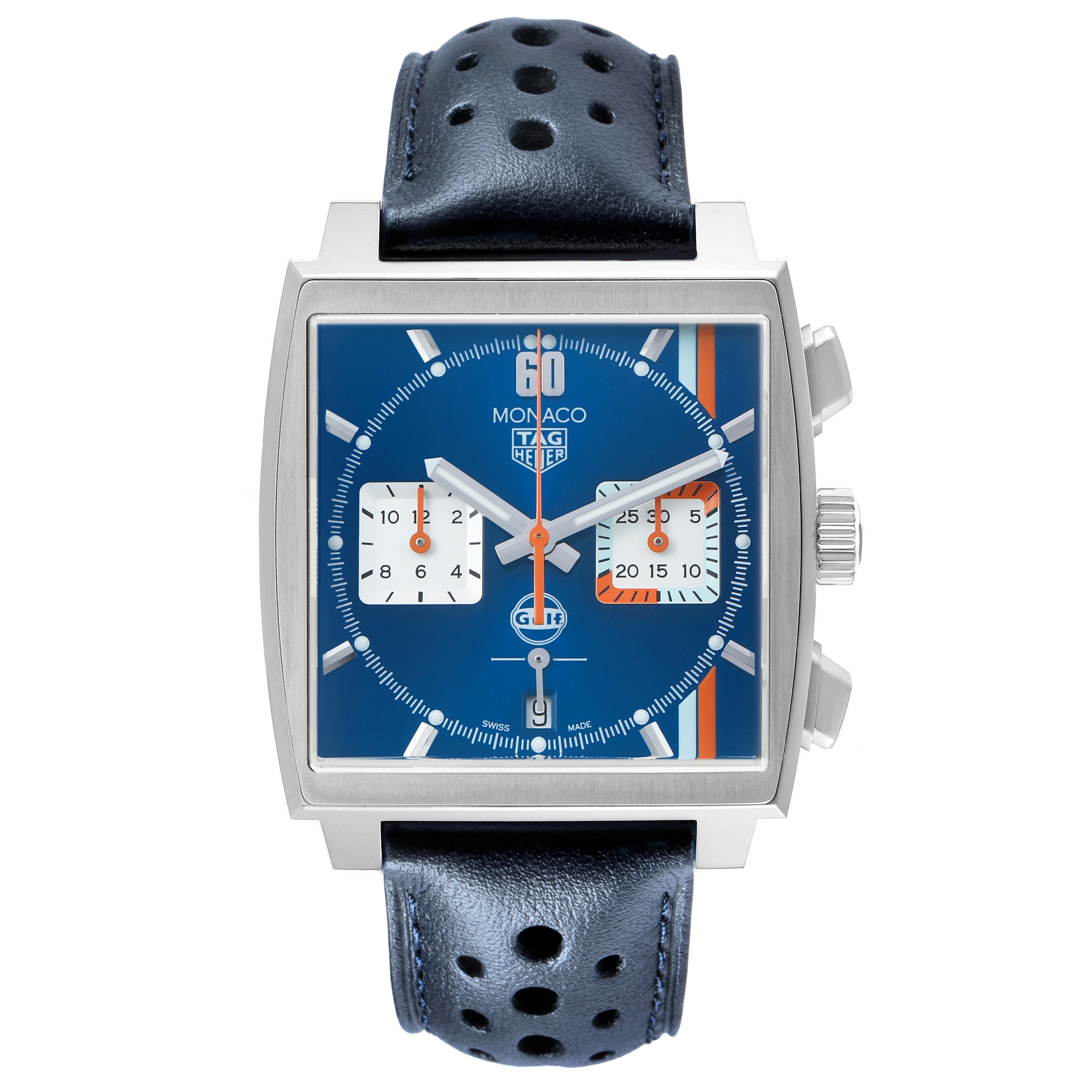 The Tag Heuer Monaco CBL2115 Men's Stainless Steel Blue Dial watch is shown from a straight-on angle, displaying the face, dial, case, and strap.