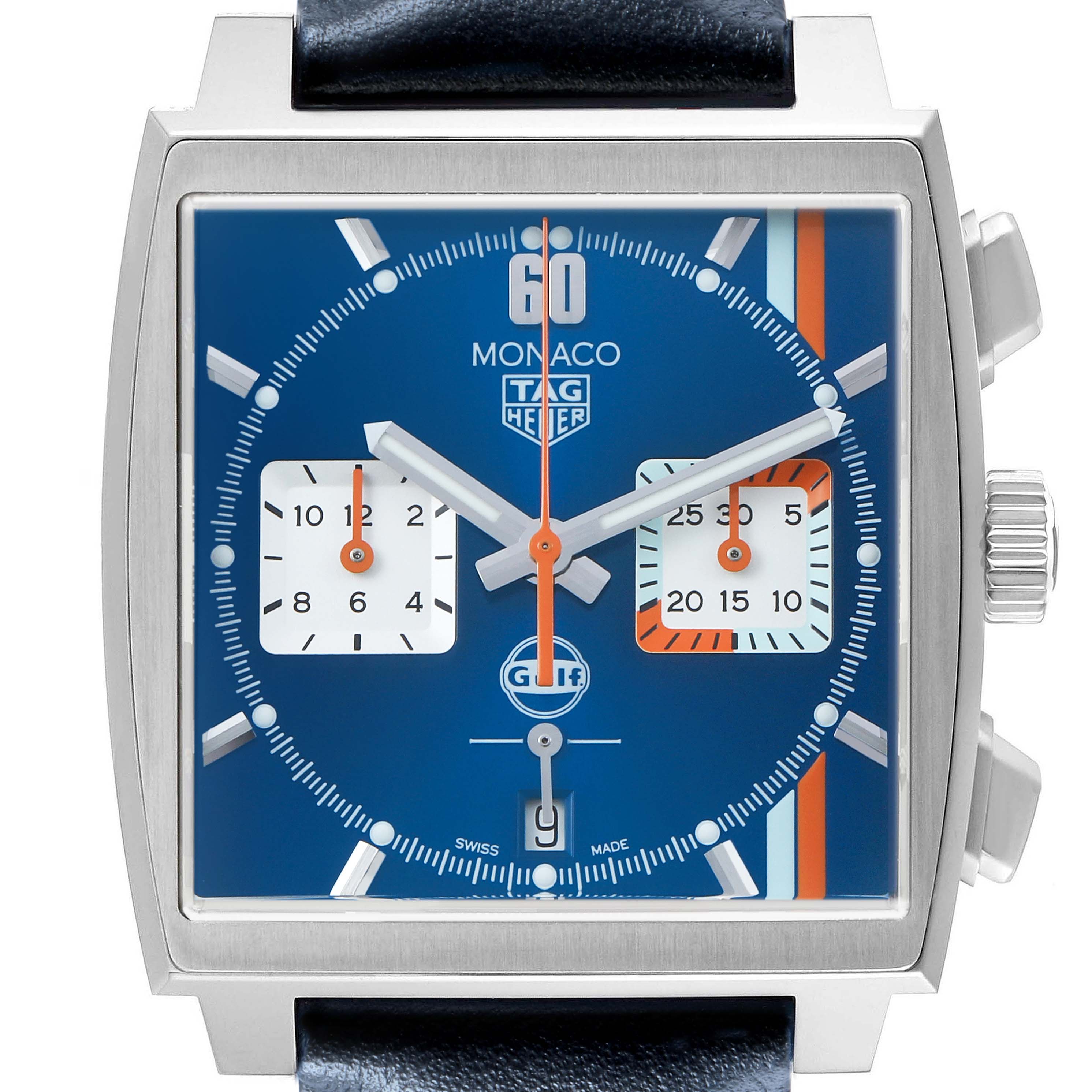 The Tag Heuer Monaco CBL2115 Men's Stainless Steel Blue Dial watch is shown from the front, displaying the dial, hands, subdials, and crown.