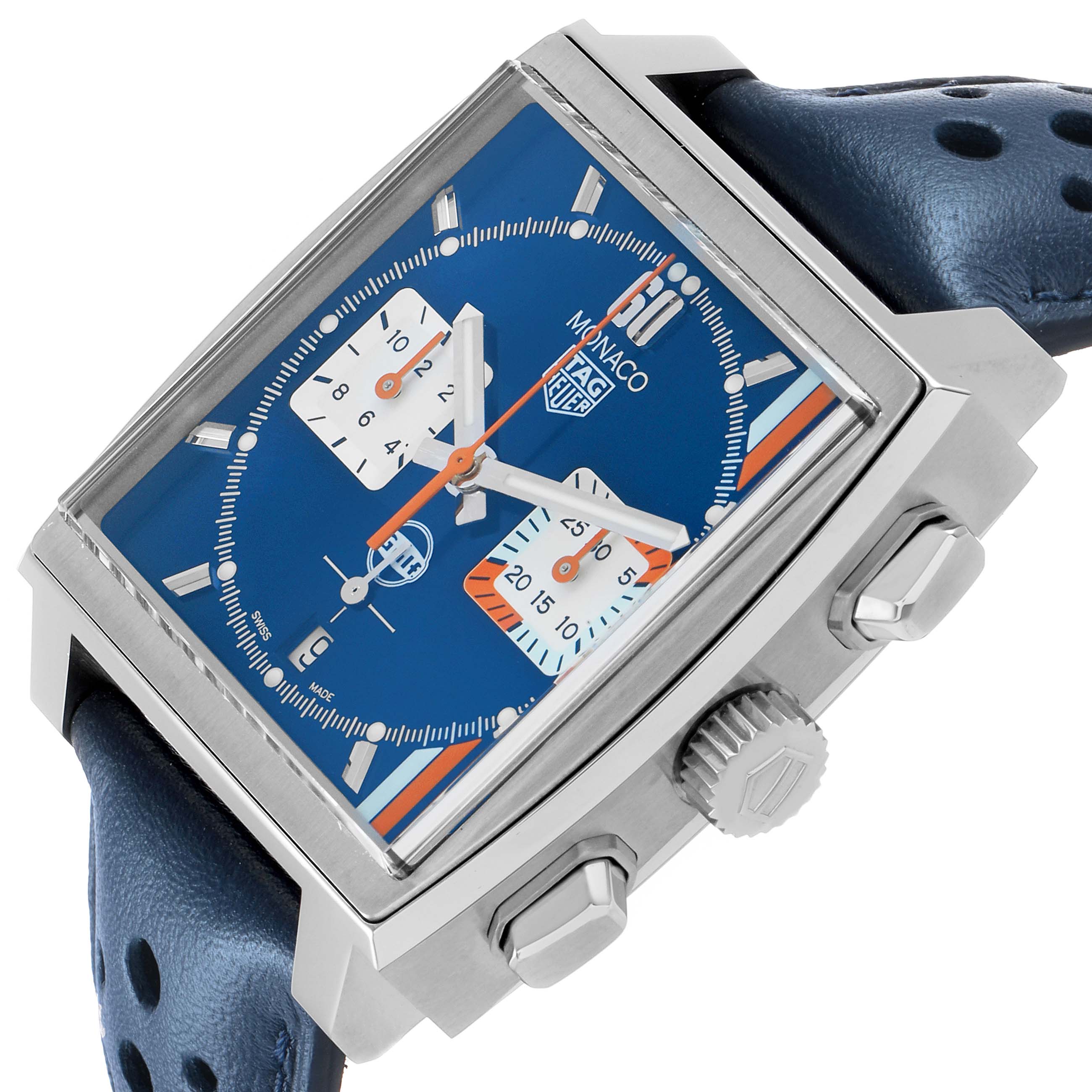 The Tag Heuer Monaco CBL2115 Men's Stainless Steel Blue Dial watch is shown at an angled view, highlighting the face, crown, and pushers.
