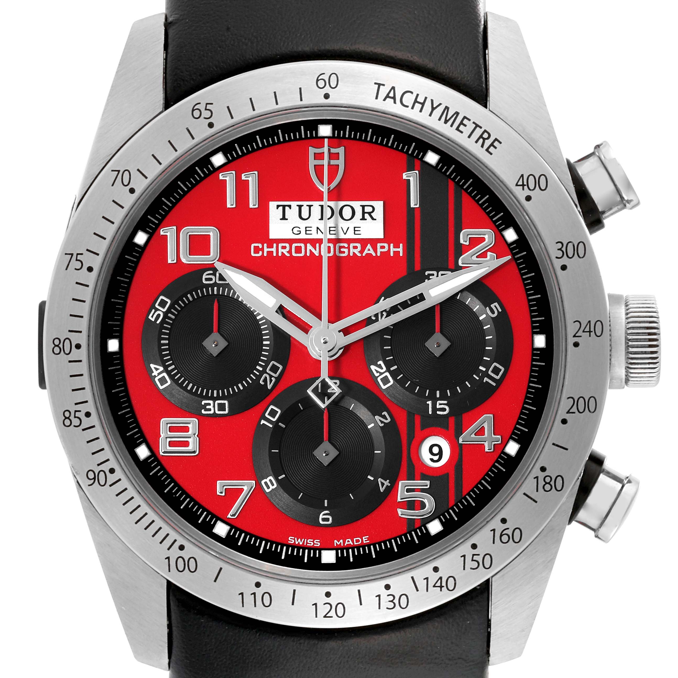 This image shows a front view of the Tudor Fastrider 42000D Men's Stainless Steel Red Dial 42000D Men's Stainless Steel Red Dial Chronograph with a red dial, black subdials, tachymetric bezel, and black leather strap.
