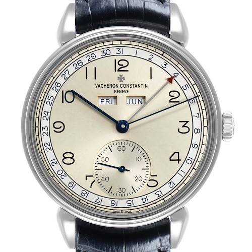 The Vacheron Constantin Historiques 3110V Men's Stainless Steel Silver Dial watch is shown from the front, highlighting the dial, hands, and calendar features.