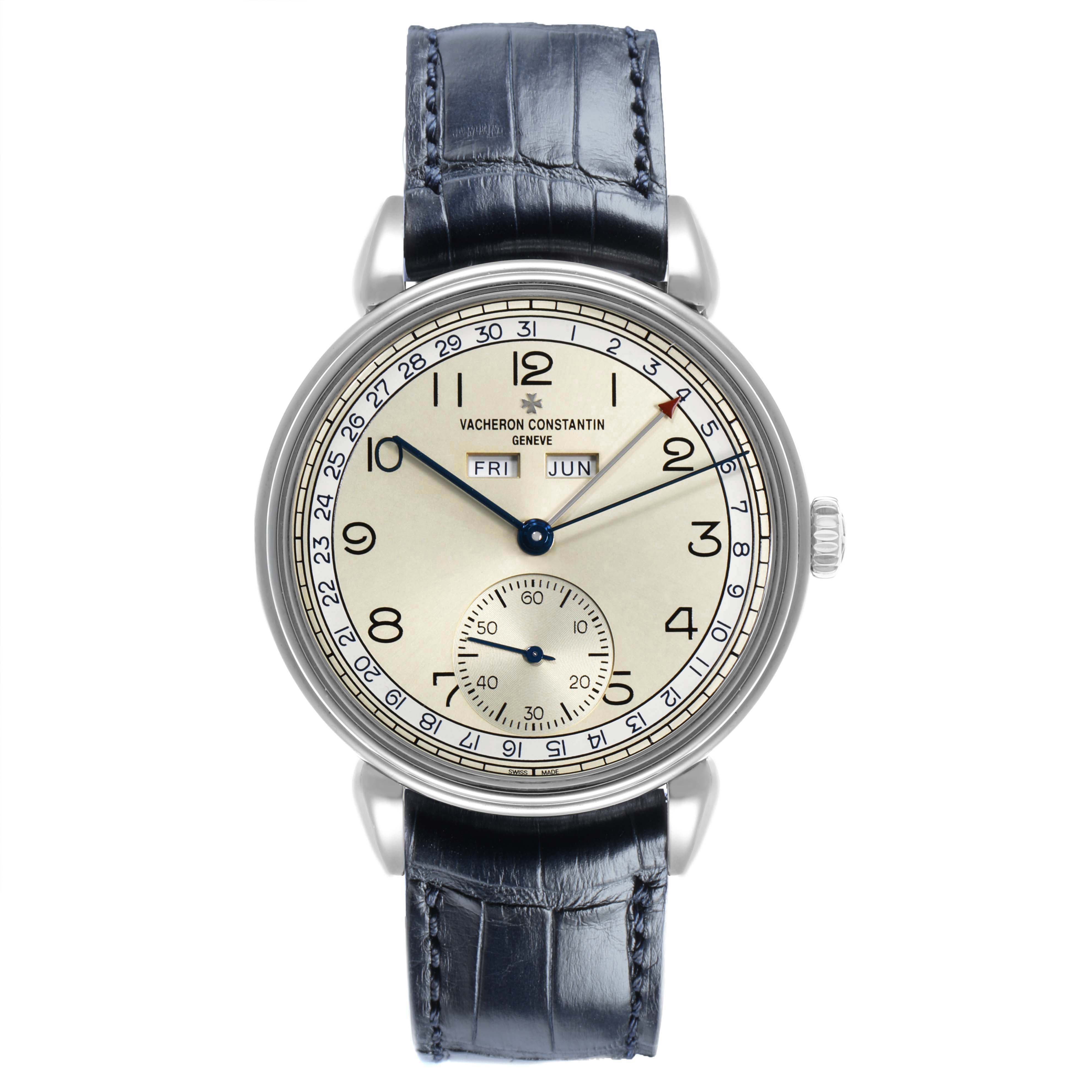 The Vacheron Constantin Historiques 3110V Men's Stainless Steel Silver Dial watch is shown from the front, displaying its dial, hands, and leather strap.