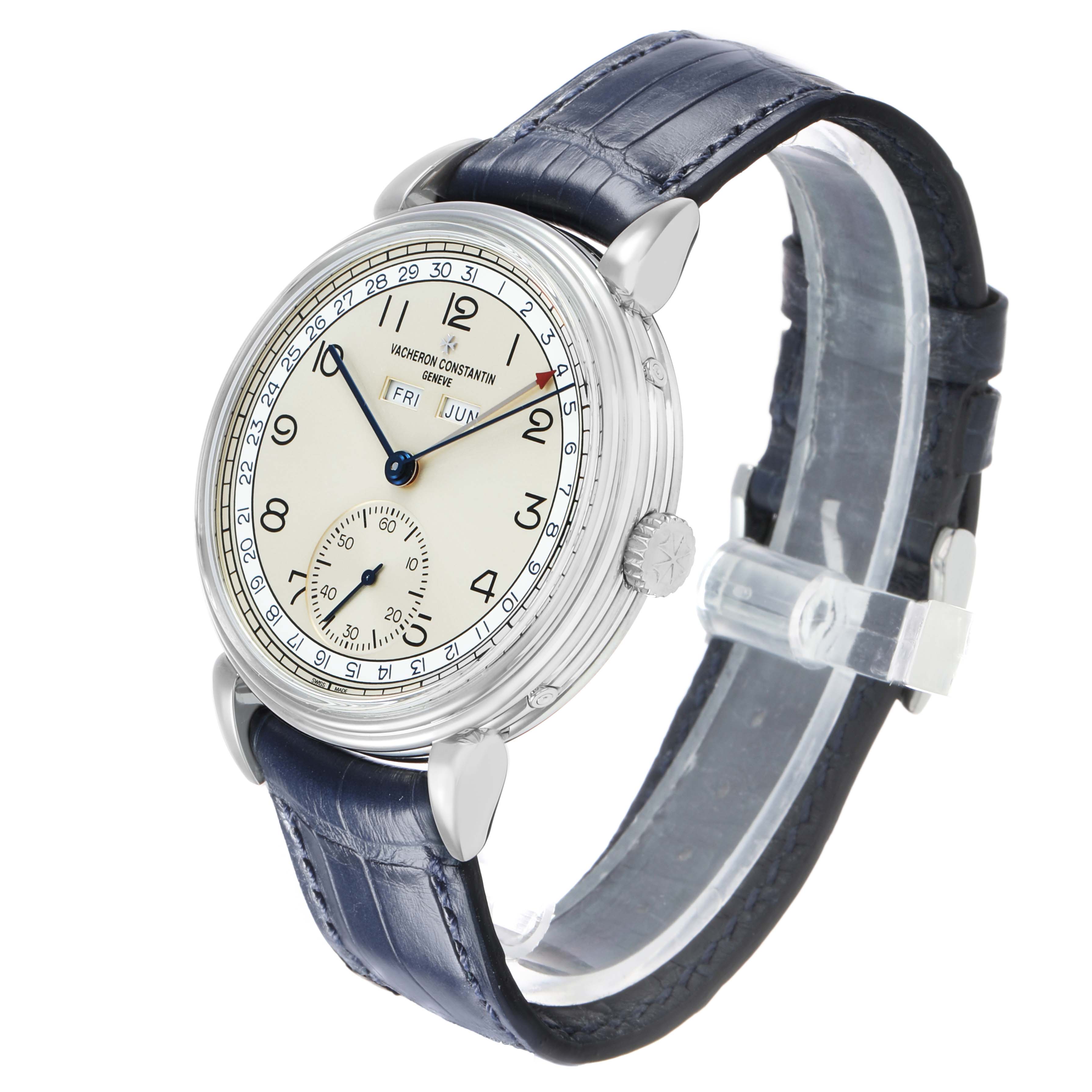 The Vacheron Constantin Historiques 3110V Men's Stainless Steel Silver Dial watch is shown at a three-quarter angle, displaying the face, lugs, case, and leather strap.