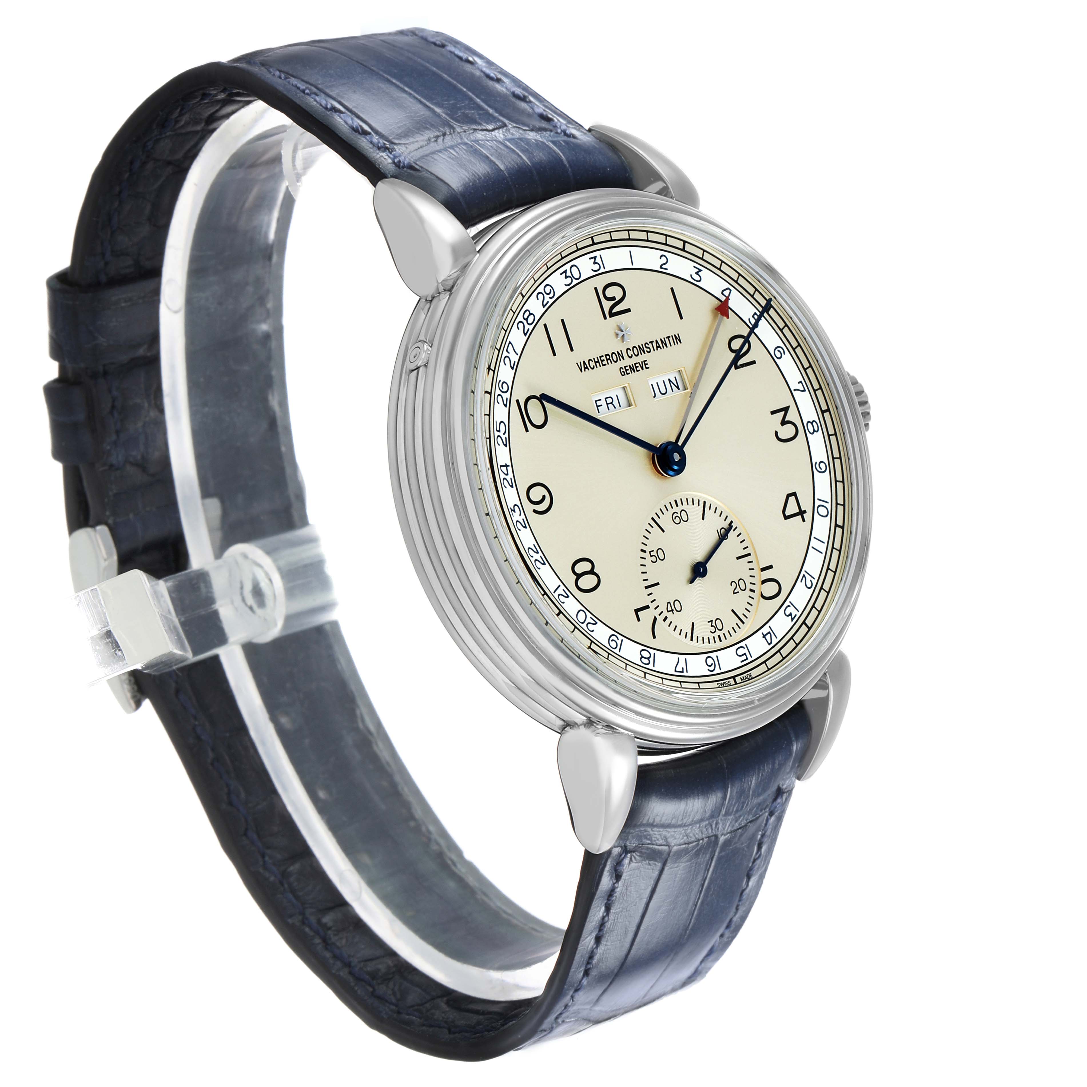The Vacheron Constantin Historiques 3110V Men's Stainless Steel Silver Dial watch is shown at a three-quarter angle, highlighting the dial, strap, and lugs.