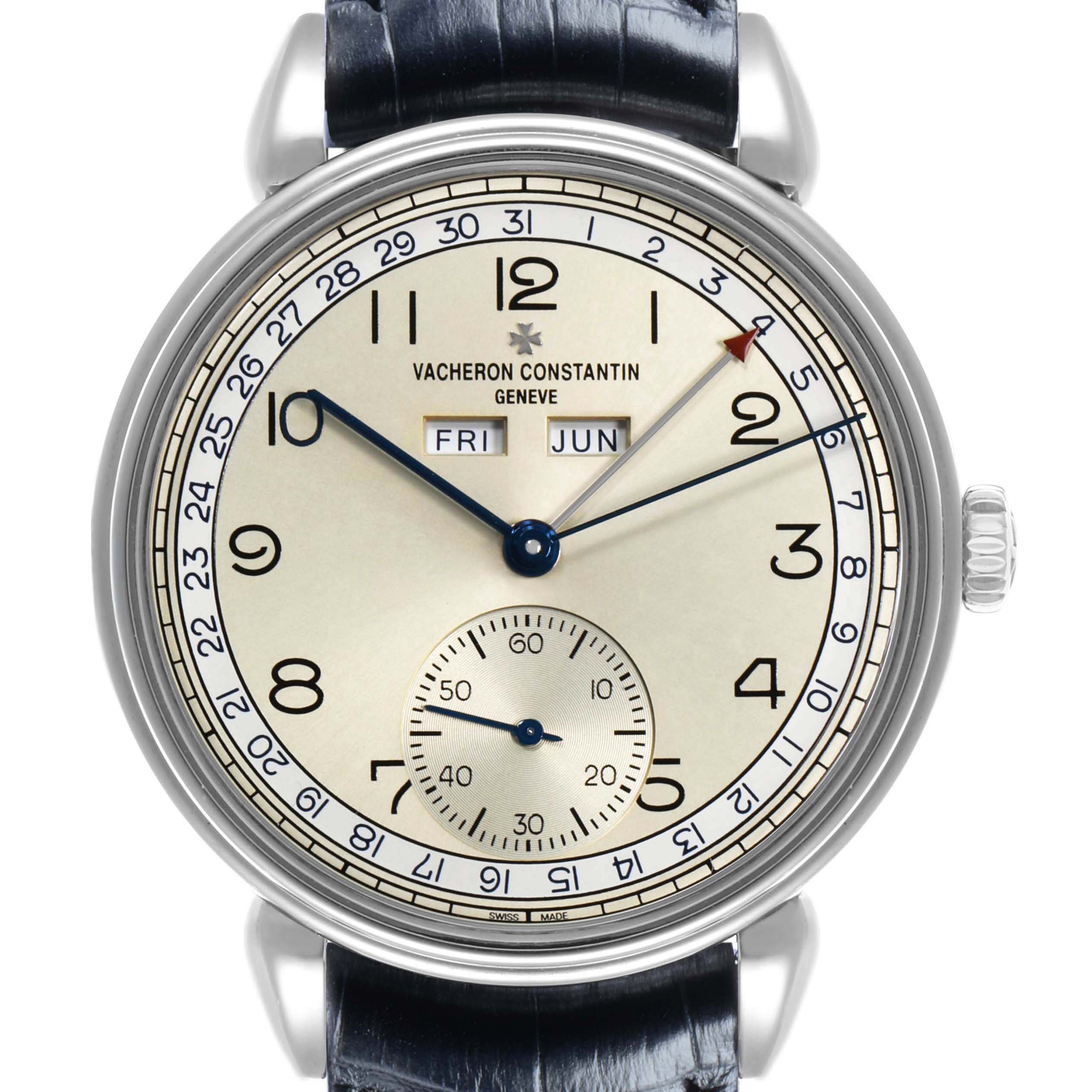 The Vacheron Constantin Historiques 3110V Men's Stainless Steel Silver Dial watch is shown from a top-down angle highlighting the dial, hands, date, and subdial.