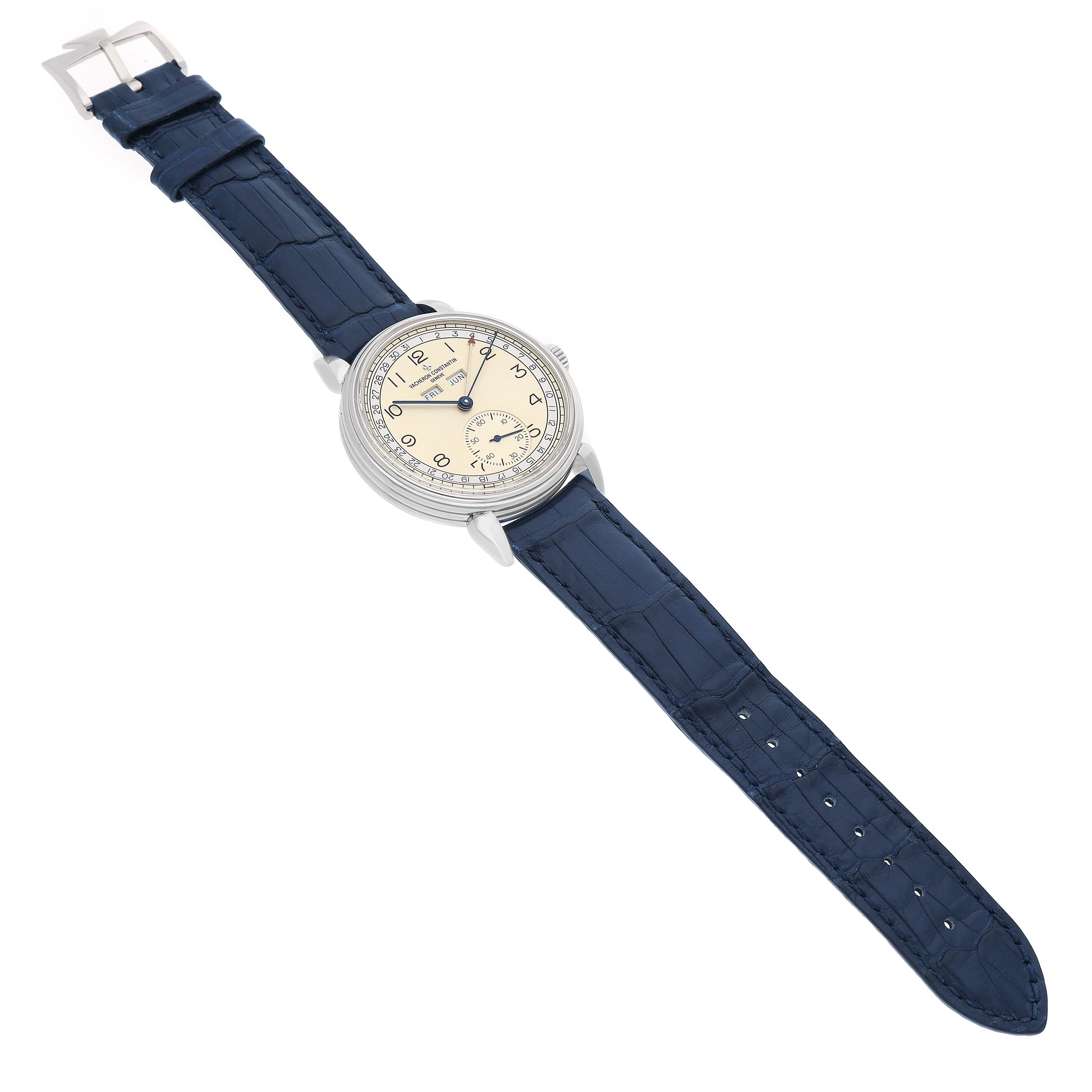 The Vacheron Constantin Historiques 3110V Men's Stainless Steel Silver Dial watch is shown at a slight angle, displaying its face, case, and blue leather strap.