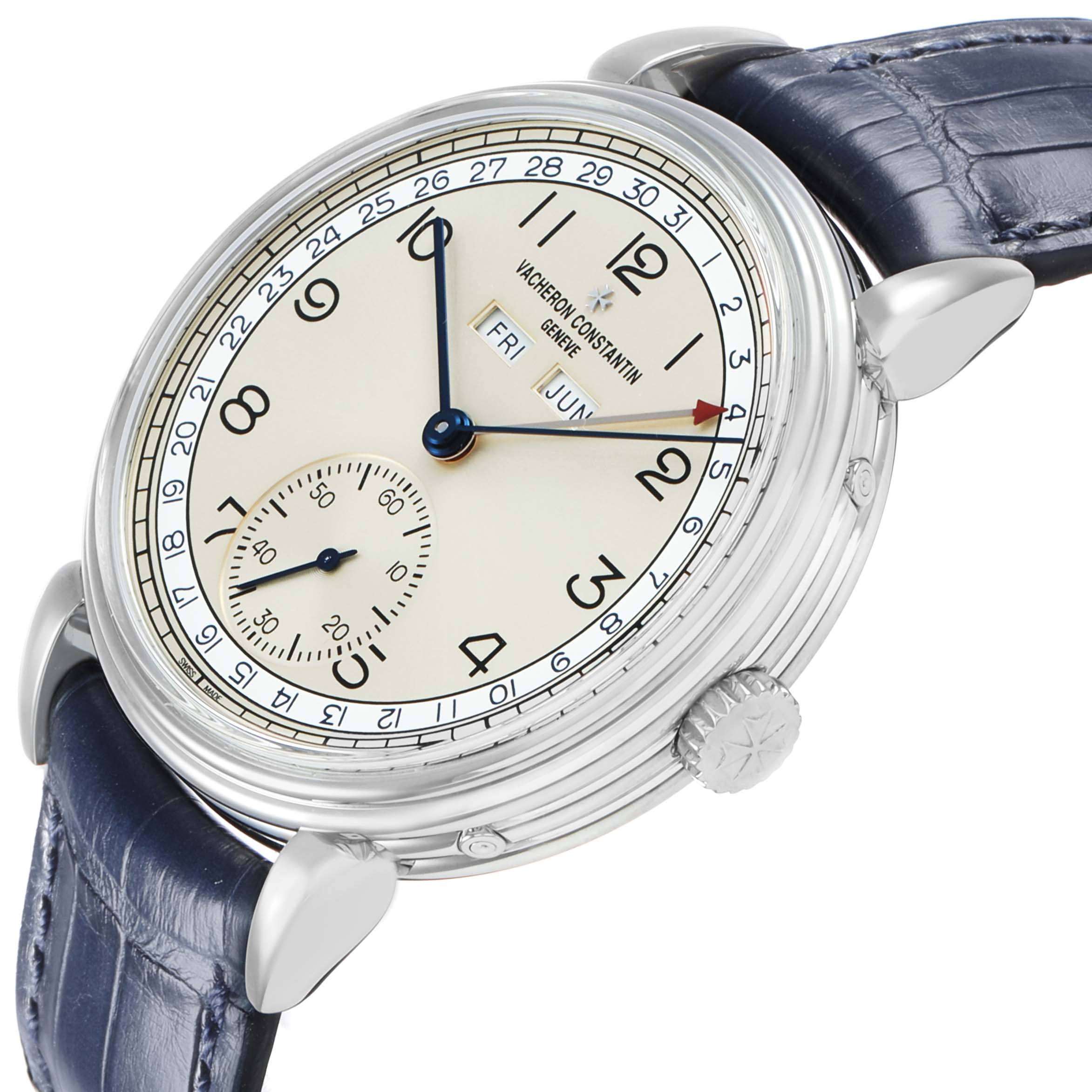 The Vacheron Constantin Historiques 3110V Men's Stainless Steel Silver Dial watch is shown at a slight angle, highlighting the dial, lugs, crown, and leather strap.