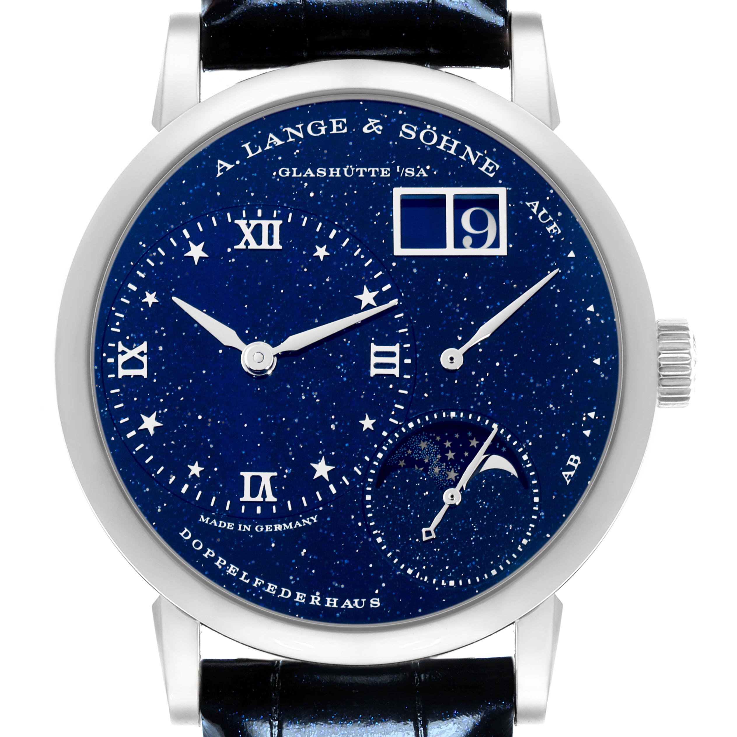 The image shows a front view of an A. Lange & Sohne Lange 1 182.086/LSLS823AX Men's White Gold Blue Dial watch, displaying its starry blue dial, sub-dials, and date window.