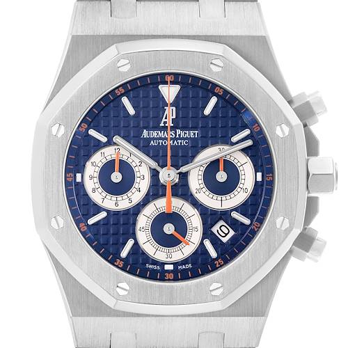 The Audemars Piguet Royal Oak 26300ST.OO.1110ST.07 Men's Stainless Steel Blue Dial watch is shown from the front, displaying the dial, bezel, and side pushers.