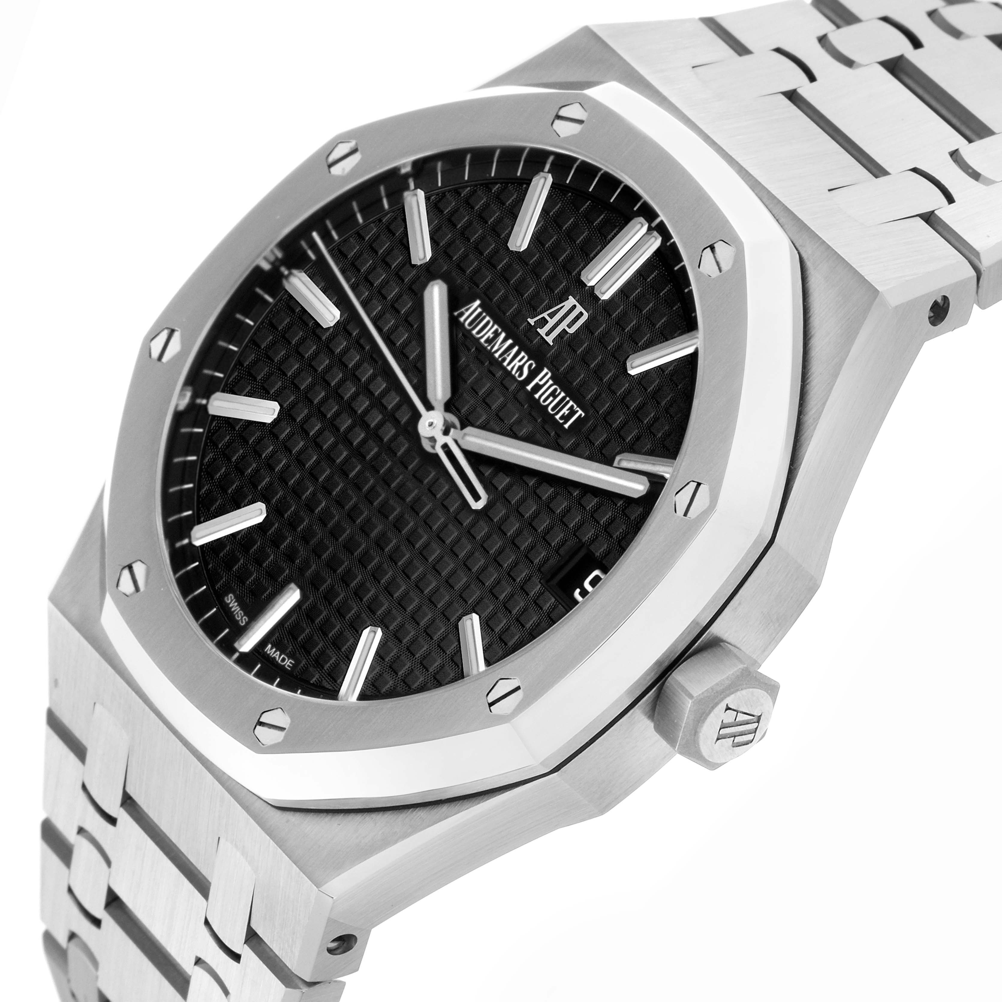 The Audemars Piguet Royal Oak 15500ST.OO.1220ST.03 Men's Stainless Steel Black Dial 15500ST.OO.1220ST.03 Men's Stainless Steel Black Dial is shown at a slight angle highlighting the case, bezel, bracelet, and part of the dial.