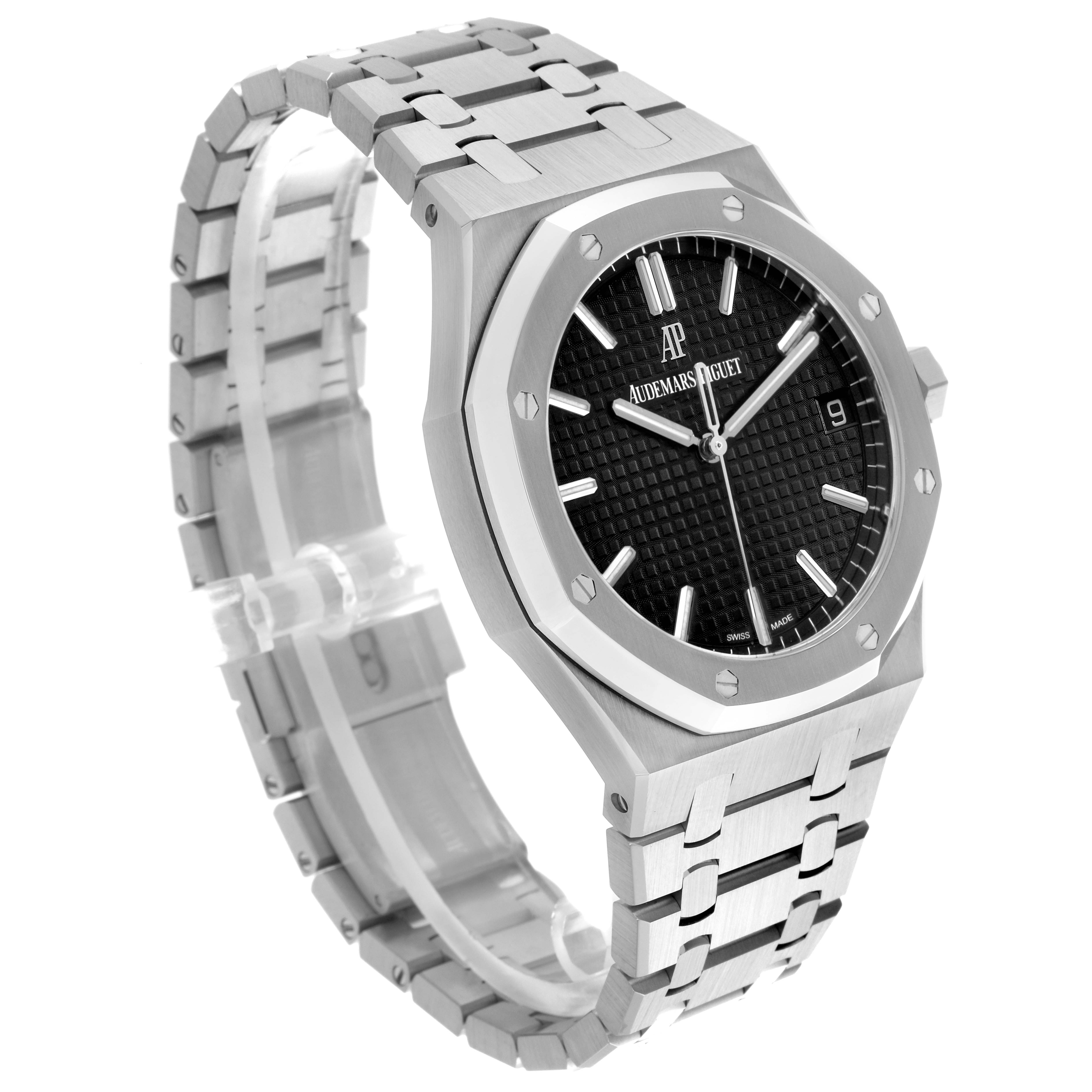 The image shows a side angle of the Audemars Piguet Royal Oak 15500ST.OO.1220ST.03 Men's Stainless Steel Black Dial 15500ST.OO.1220ST.03 Men's Stainless Steel Black Dial, highlighting the watch face, bezel, and bracelet.