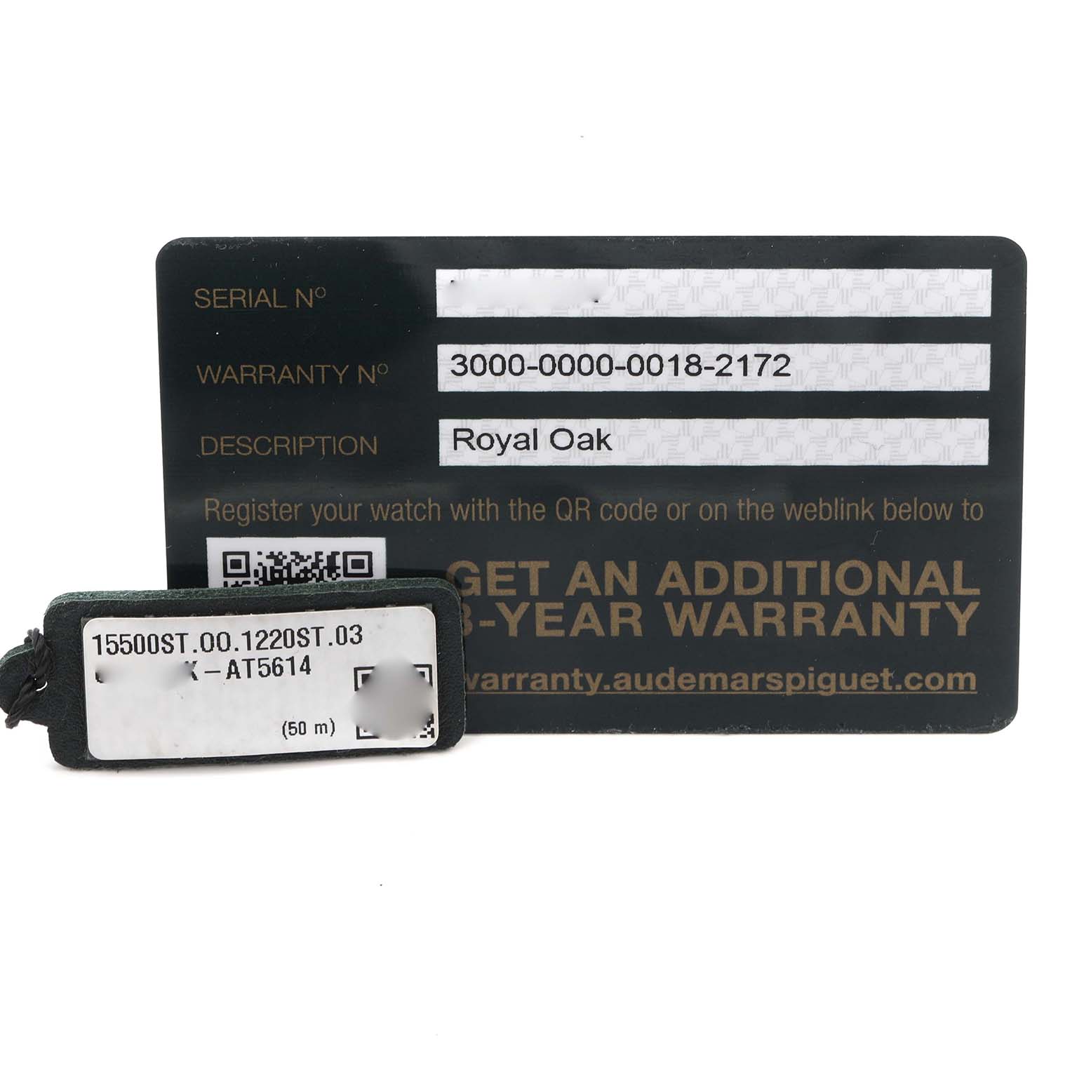 The image shows a warranty card and tag for the Audemars Piguet Royal Oak 15500ST.OO.1220ST.03 Men's Stainless Steel Black Dial 15500ST.OO.1220ST.03 Men's Stainless Steel Black Dial, displaying model and serial numbers.