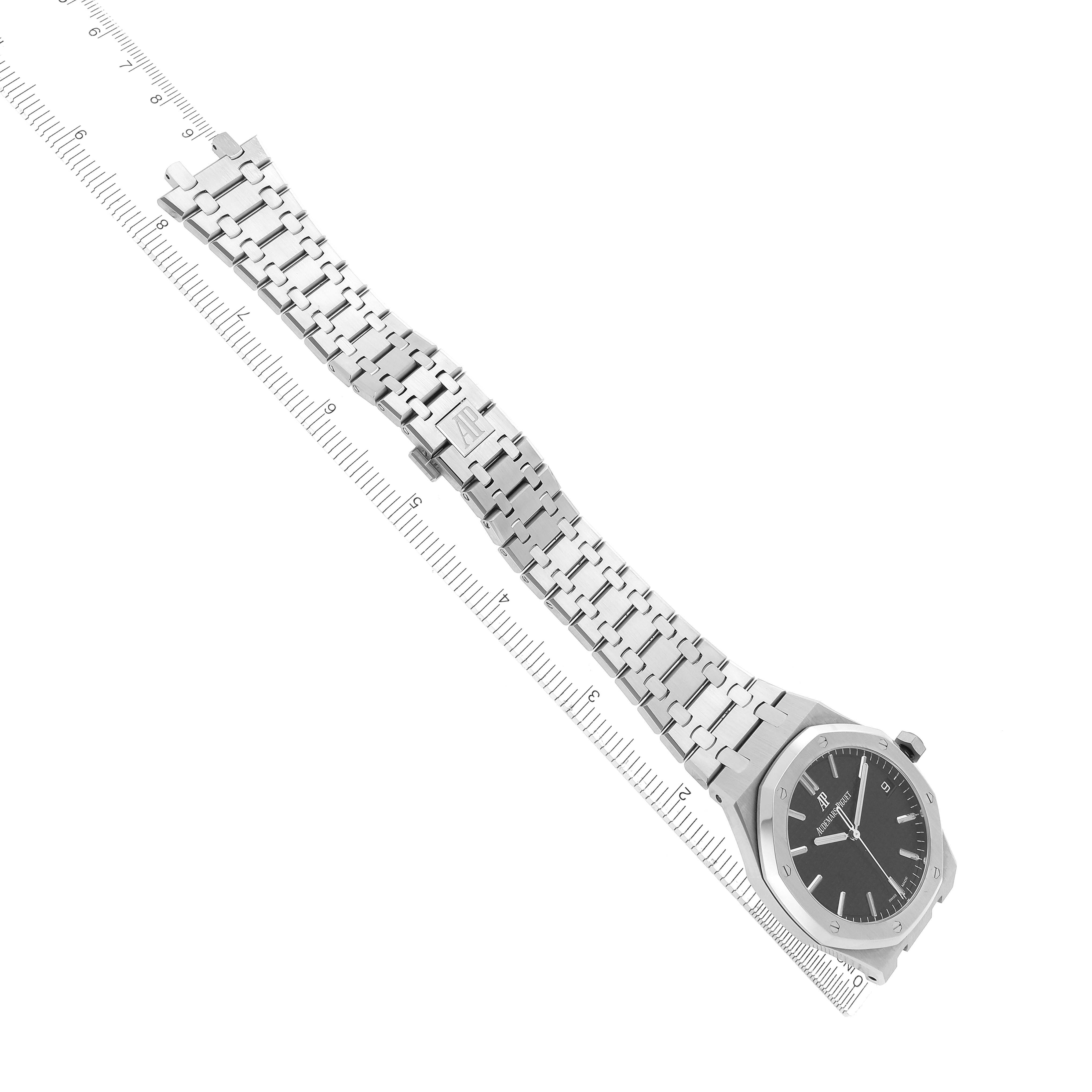 The image shows the Audemars Piguet Royal Oak 15500ST.OO.1220ST.03 Men's Stainless Steel Black Dial 15500ST.OO.1220ST.03 Men's Stainless Steel Black Dial watch at an angled top view, displaying the face, case, and full bracelet.