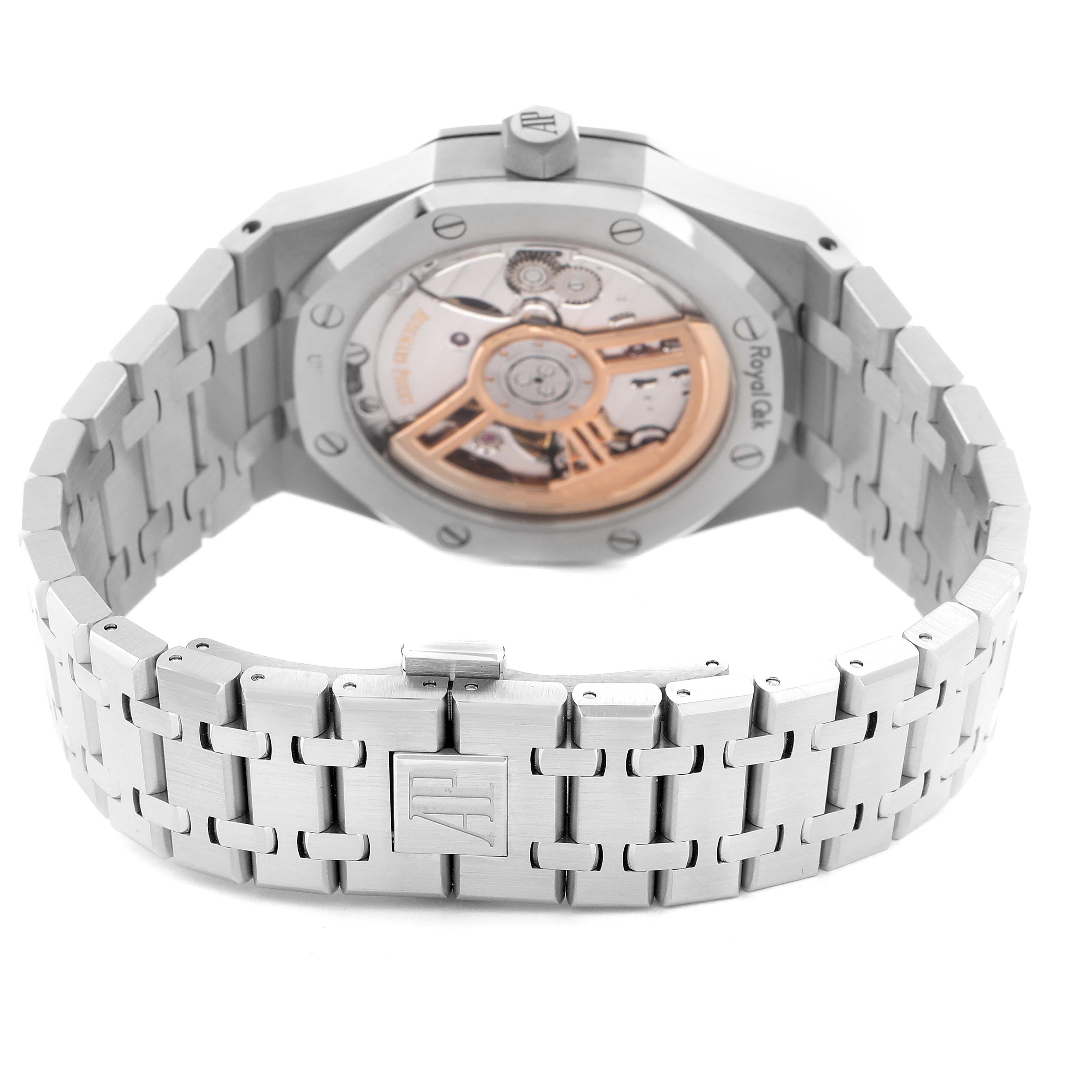 The image shows the back of an Audemars Piguet Royal Oak 15500ST.OO.1220ST.03 Men's Stainless Steel Black Dial 15500ST.OO.1220ST.03 Men's Stainless Steel Black Dial watch, highlighting the bracelet and the visible movement through the case back.