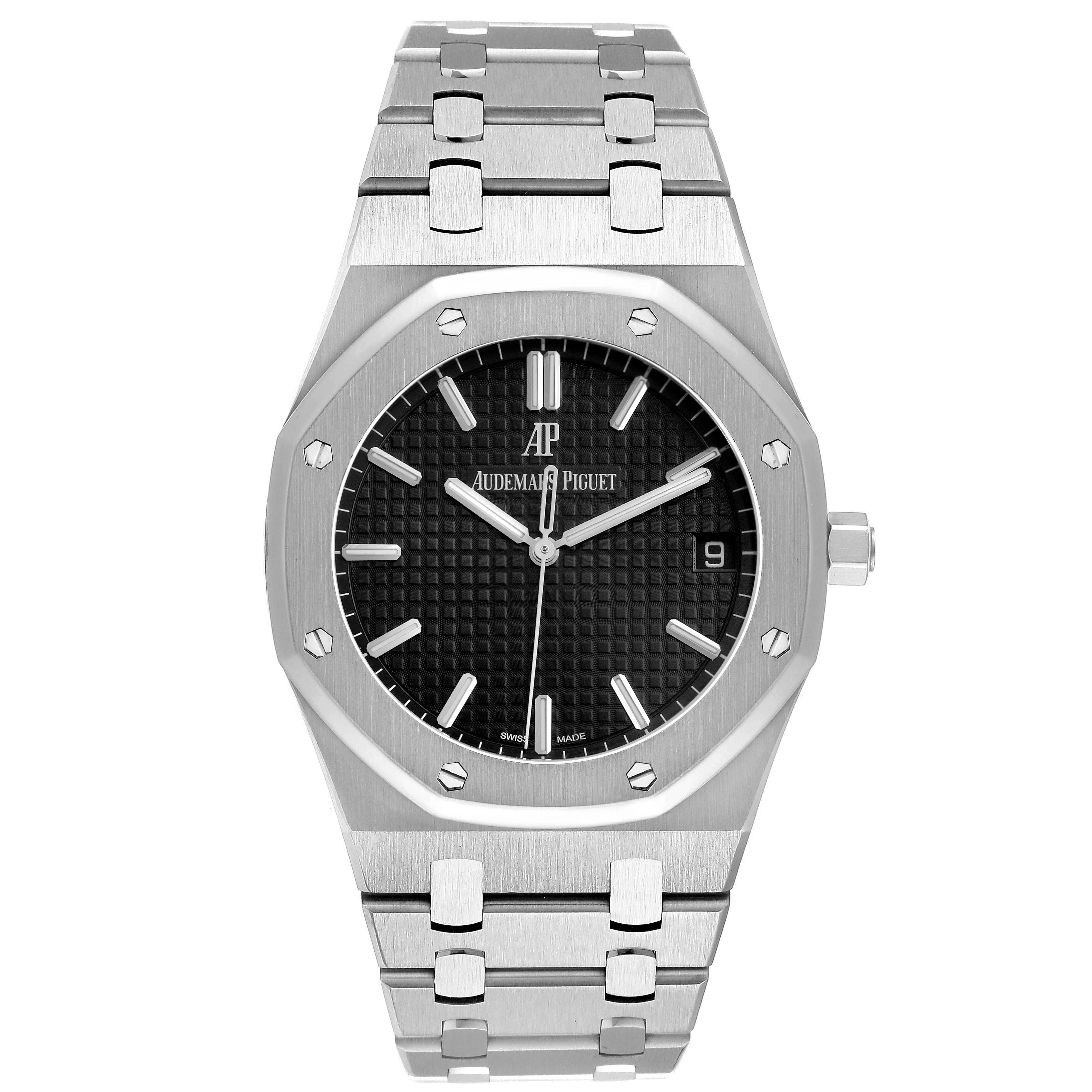 The image shows a front view of an Audemars Piguet Royal Oak 15500ST.OO.1220ST.03 Men's Stainless Steel Black Dial 15500ST.OO.1220ST.03 Men's Stainless Steel Black Dial watch, highlighting the octagonal bezel, black dial, and bracelet.