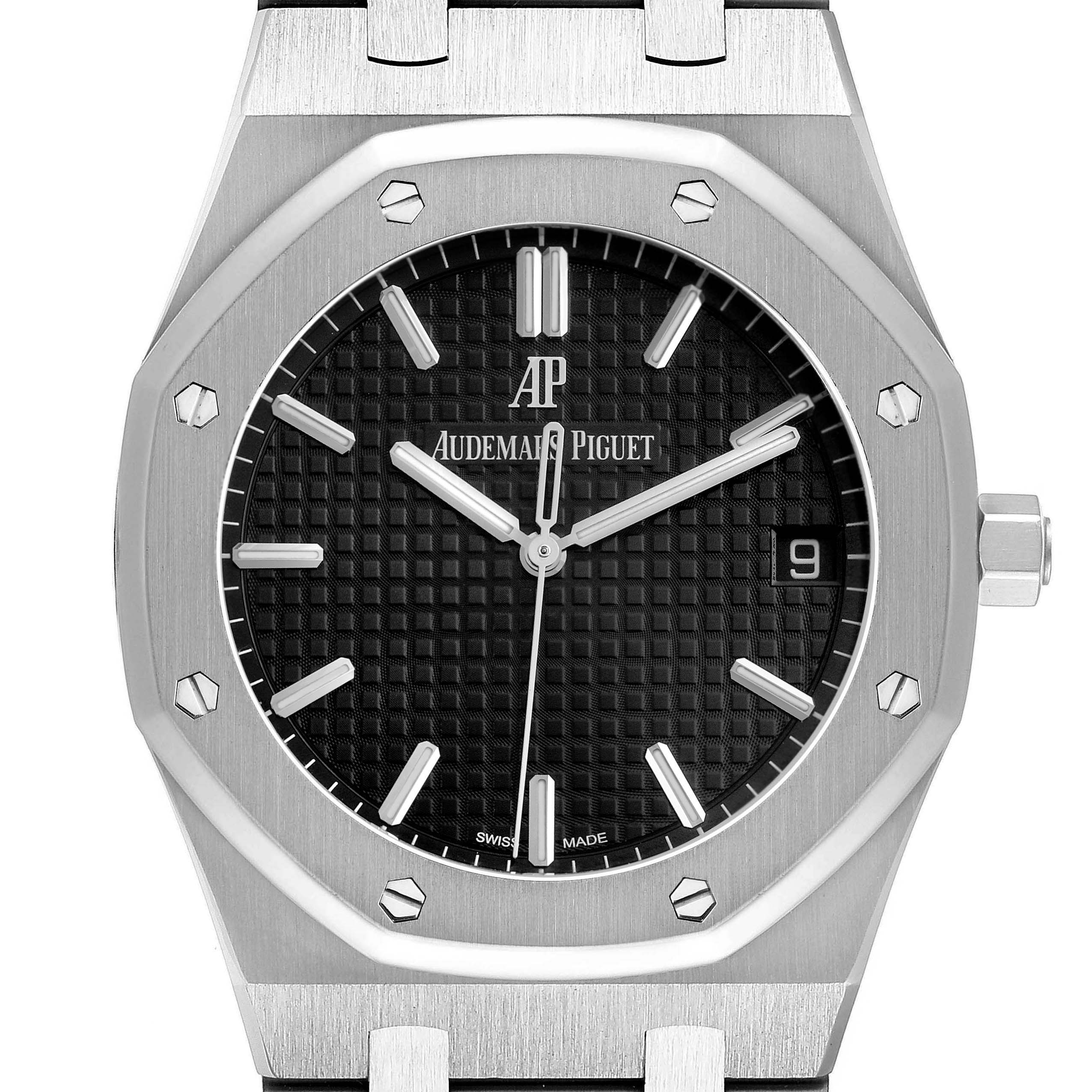 The Audemars Piguet Royal Oak 15500ST.OO.1220ST.03 Men's Stainless Steel Black Dial 15500ST.OO.1220ST.03 Men's Stainless Steel Black Dial watch is shown from the front, highlighting the dial, hands, bezel, and part of the bracelet.