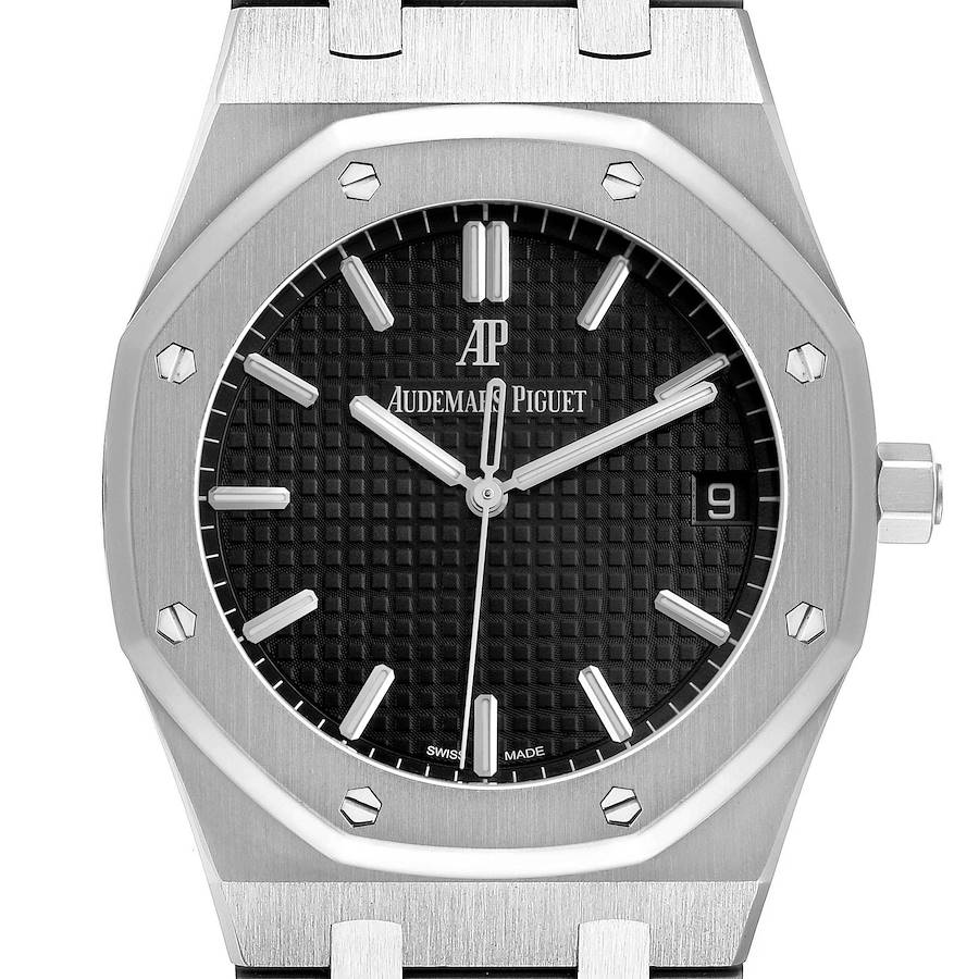 The Audemars Piguet Royal Oak watch is shown from the front, highlighting the dial, hands, bezel, and part of the bracelet.
