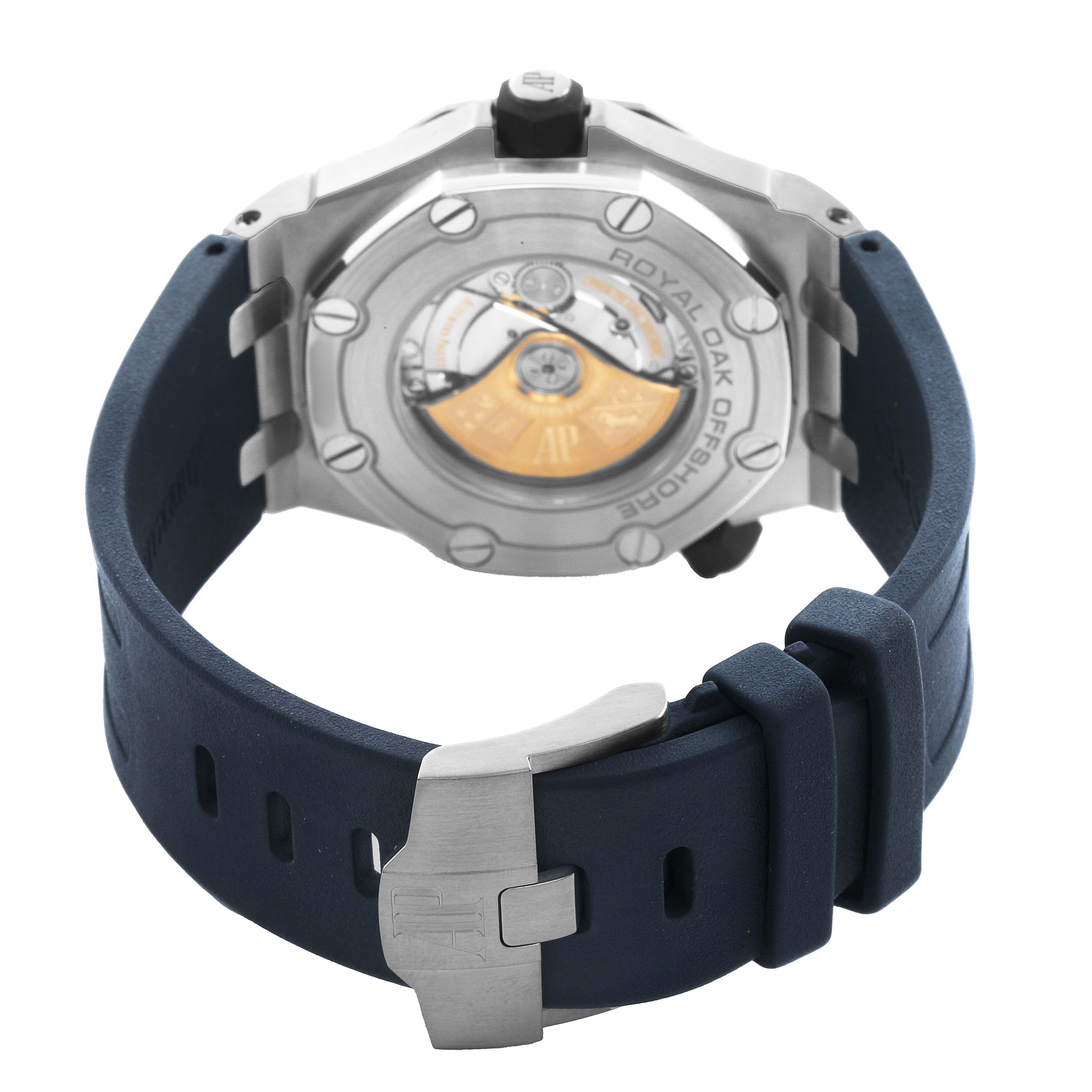 The image shows the back of the Audemars Piguet Royal Oak Offshore 15710ST.00.A027CA.01 Men's Stainless Steel Blue Dial, highlighting the caseback and the strap with a clasp.
