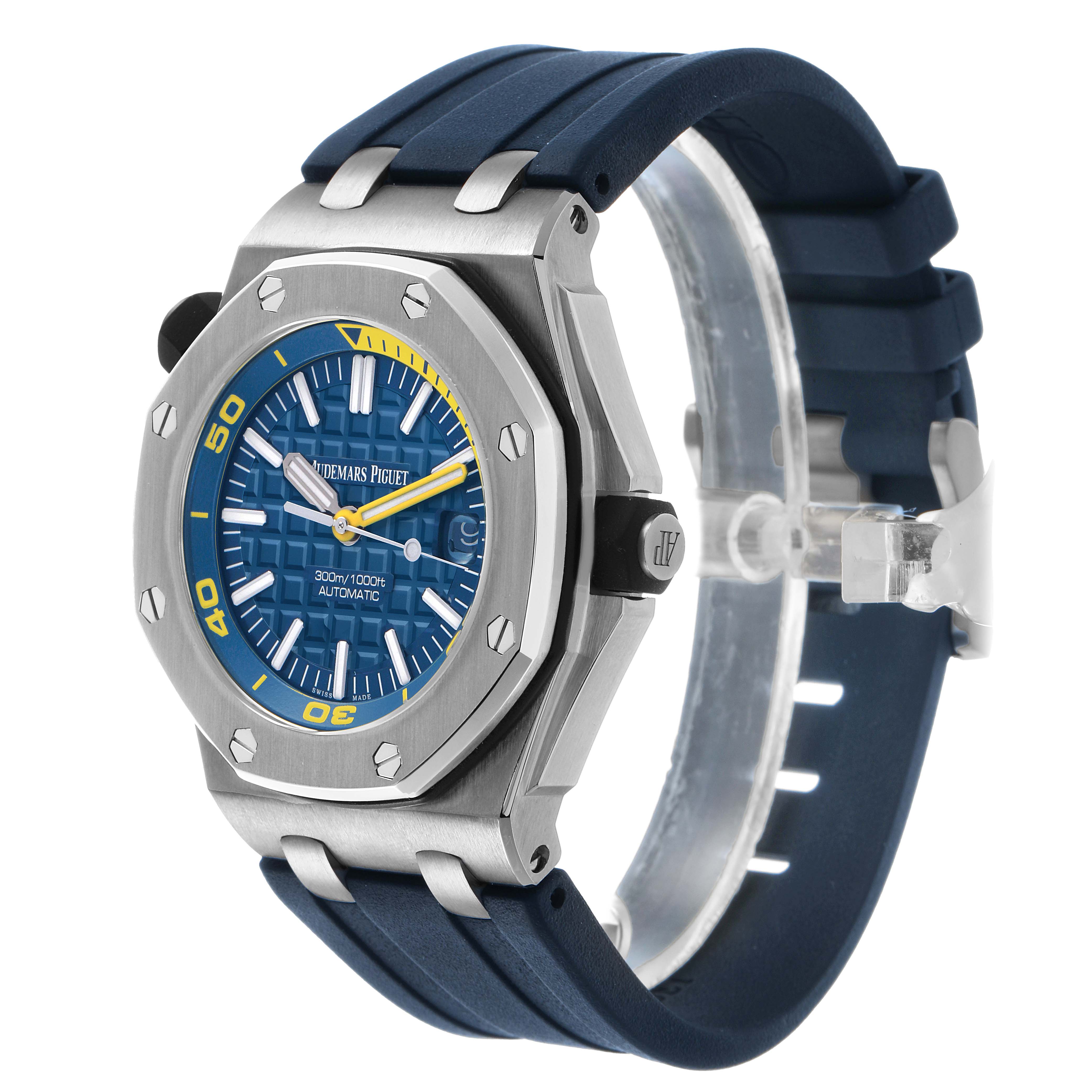 The Audemars Piguet Royal Oak Offshore 15710ST.00.A027CA.01 Men's Stainless Steel Blue Dial is shown at an angle highlighting the bezel, dial, crown, strap, and lugs.