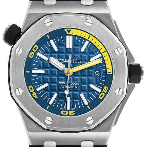 The Audemars Piguet Royal Oak Offshore 15710ST.00.A027CA.01 Men's Stainless Steel Blue Dial watch is shown from the front, highlighting its blue dial, bezel, and crown.