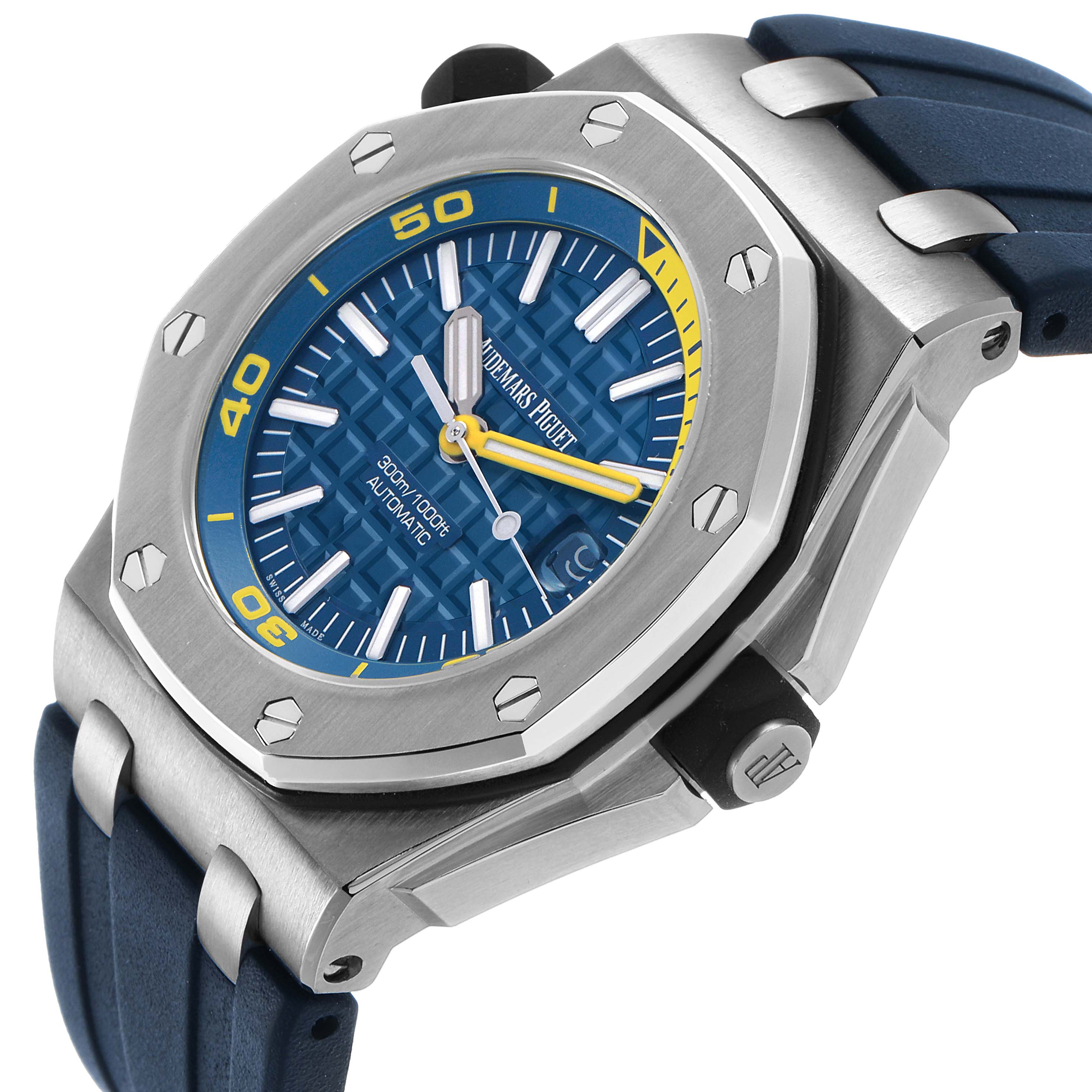The Audemars Piguet Royal Oak Offshore 15710ST.00.A027CA.01 Men's Stainless Steel Blue Dial is shown at a three-quarter angle, highlighting the bezel, dial, and strap.
