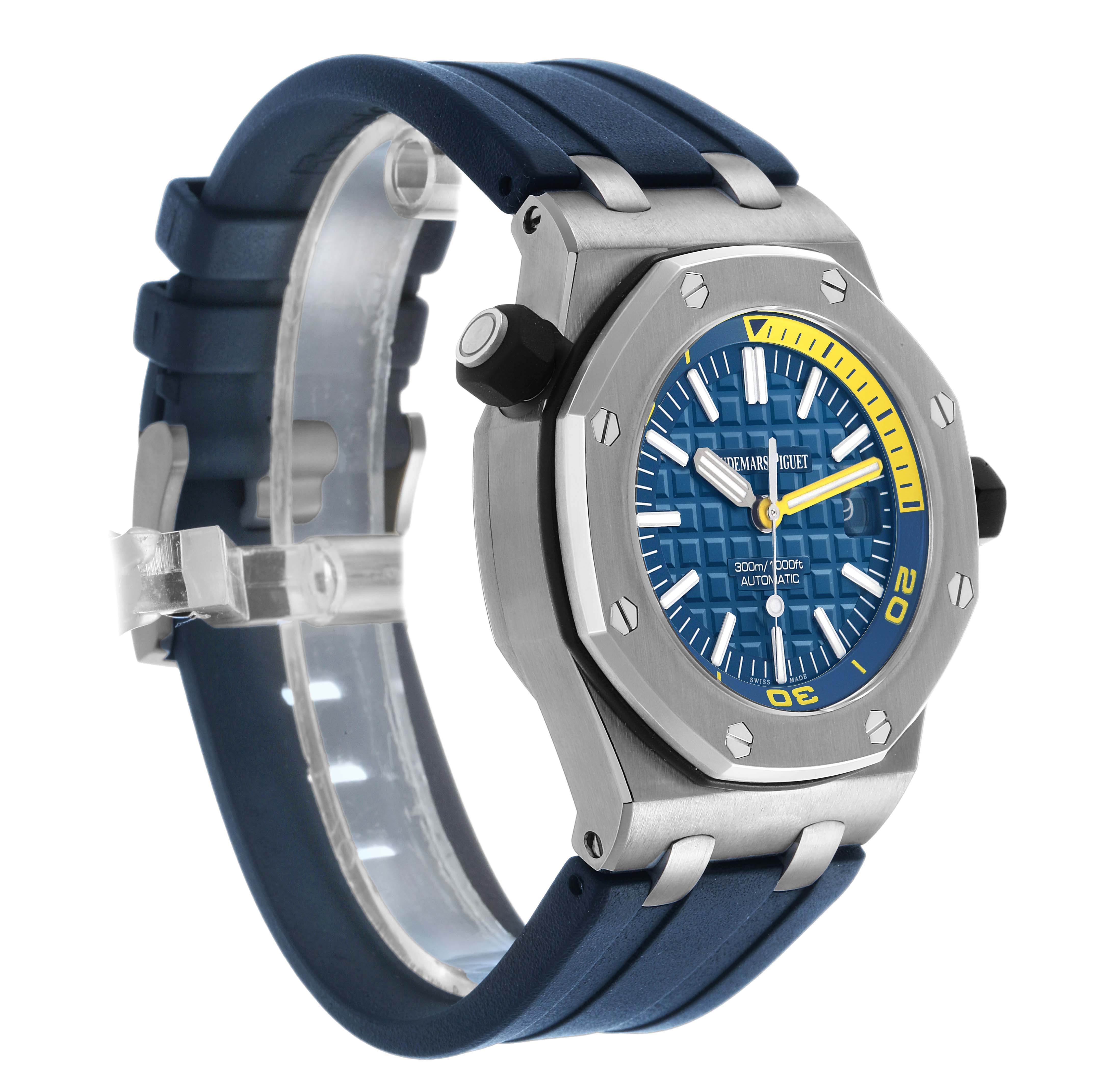 The image shows the Audemars Piguet Royal Oak Offshore 15710ST.00.A027CA.01 Men's Stainless Steel Blue Dial watch at a side angle, highlighting the bezel, dial, and rubber strap.