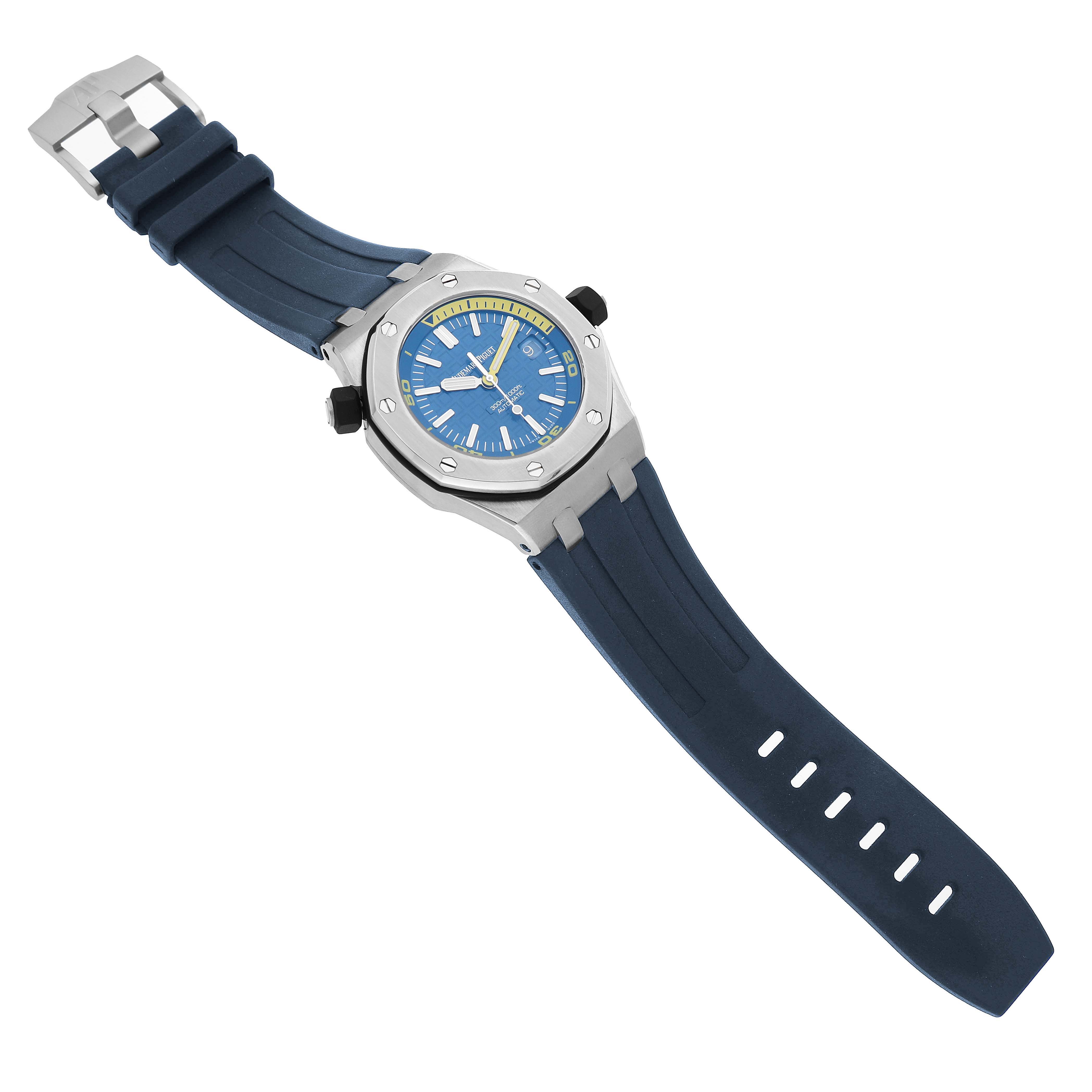The Audemars Piguet Royal Oak Offshore 15710ST.00.A027CA.01 Men's Stainless Steel Blue Dial watch is shown at a slight angle from above, highlighting the case, dial, and strap.