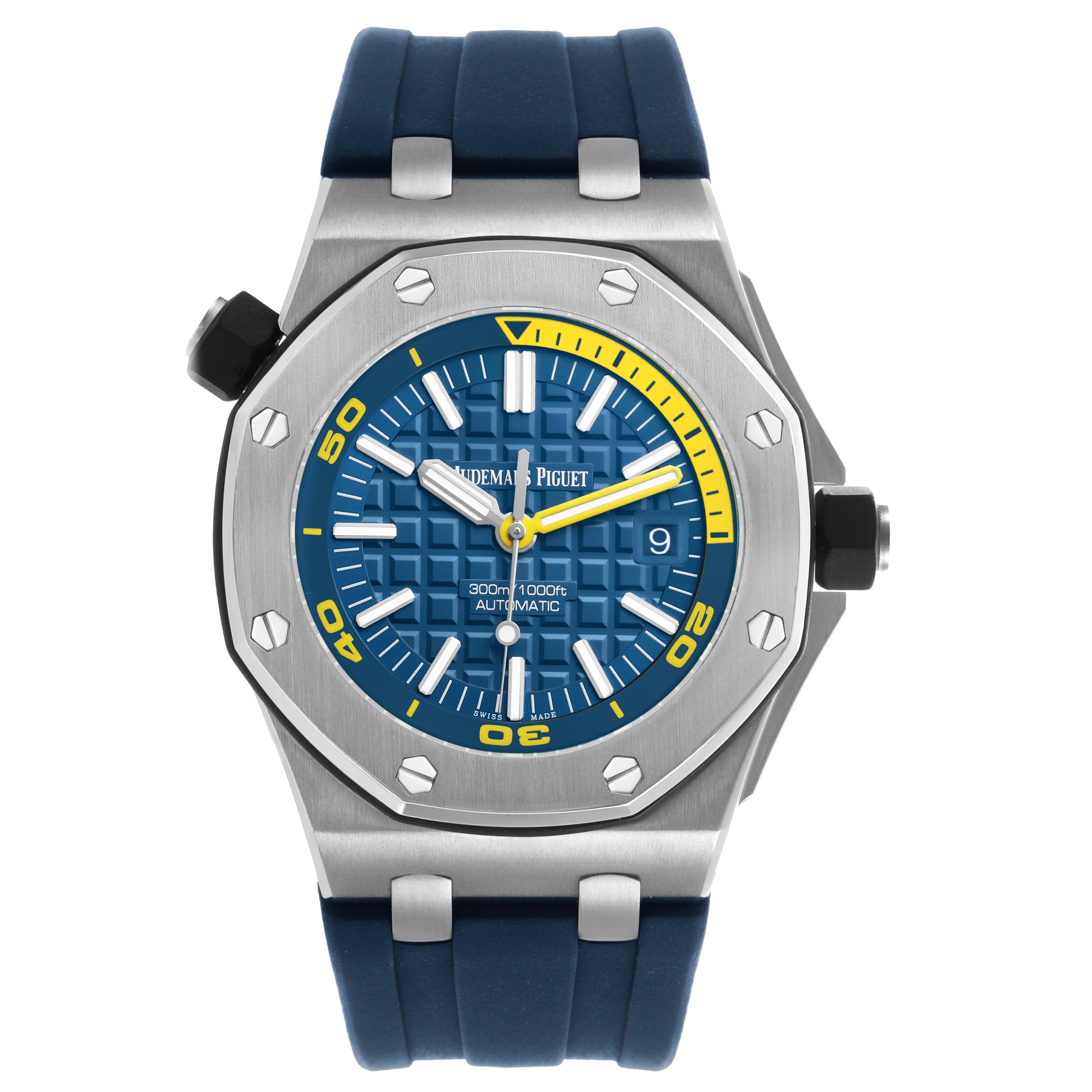 The Audemars Piguet Royal Oak Offshore 15710ST.00.A027CA.01 Men's Stainless Steel Blue Dial is shown from a front view, highlighting its bezel, dial, hands, and strap.