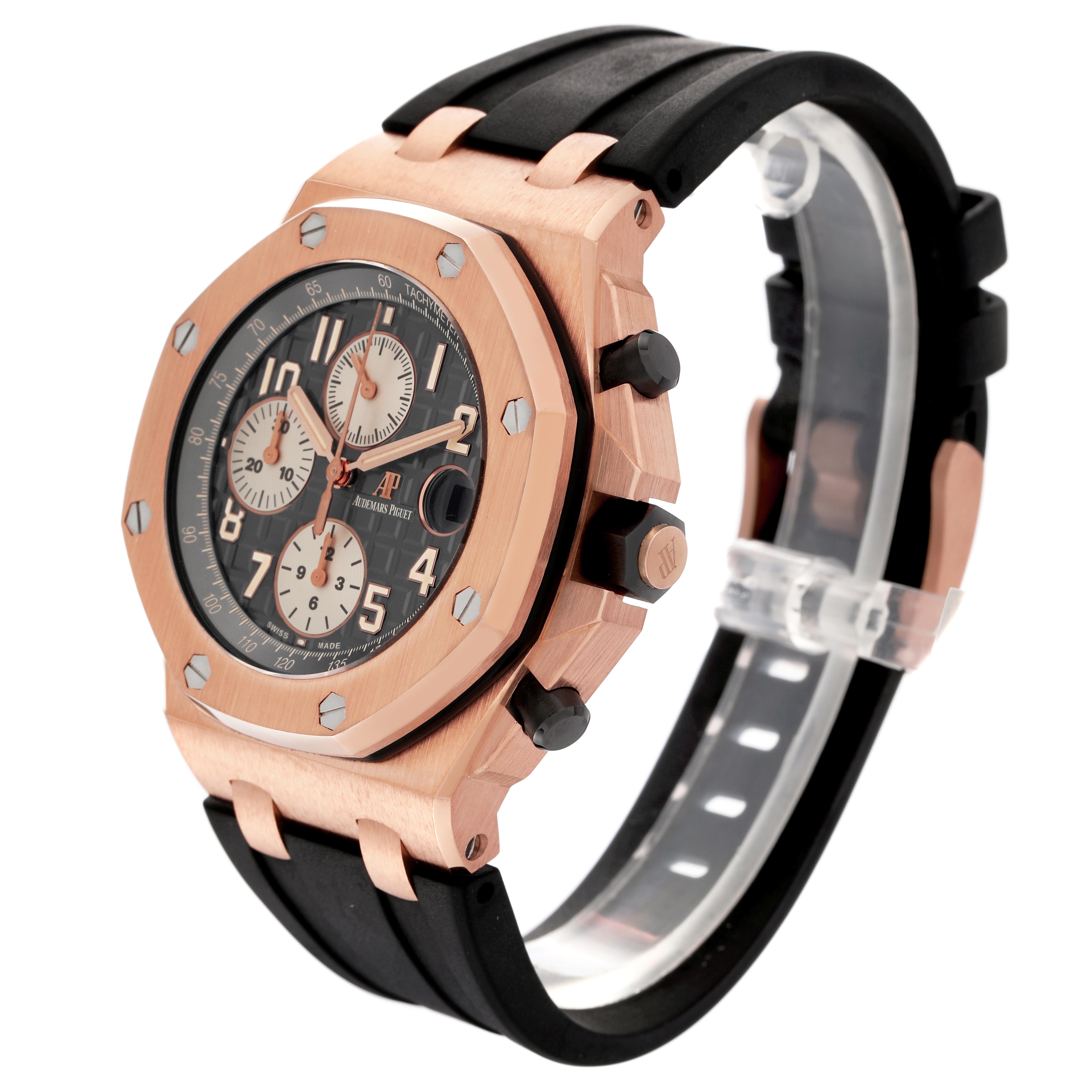 The Audemars Piguet Royal Oak Offshore 26470OR.OO.A125CR.01.A Men's Rose Gold Grey Dial 26470OR.OO.A125CR.01.A Men's Rose Gold Grey Dial watch is shown at a three-quarter angle, highlighting the dial, bezel, crown, and strap.