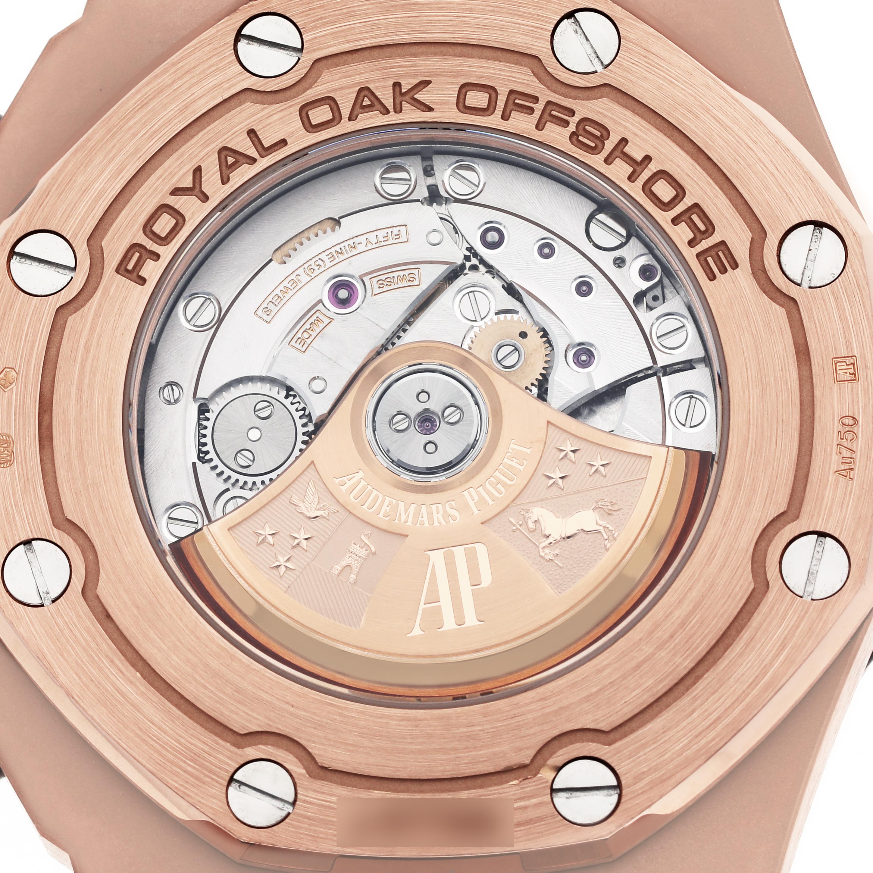 The image shows the case back of the Audemars Piguet Royal Oak Offshore 26470OR.OO.A125CR.01.A Men's Rose Gold Grey Dial 26470OR.OO.A125CR.01.A Men's Rose Gold Grey Dial, highlighting its exposed movement and engraved rotor.