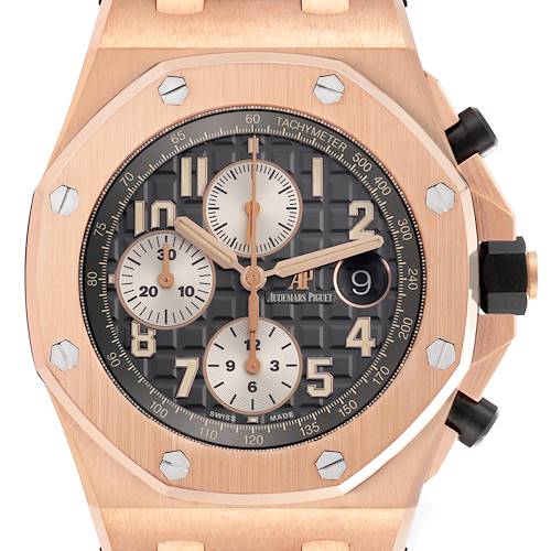 The Audemars Piguet Royal Oak Offshore watch is shown from the front, highlighting the dial, subdials, and bezel.