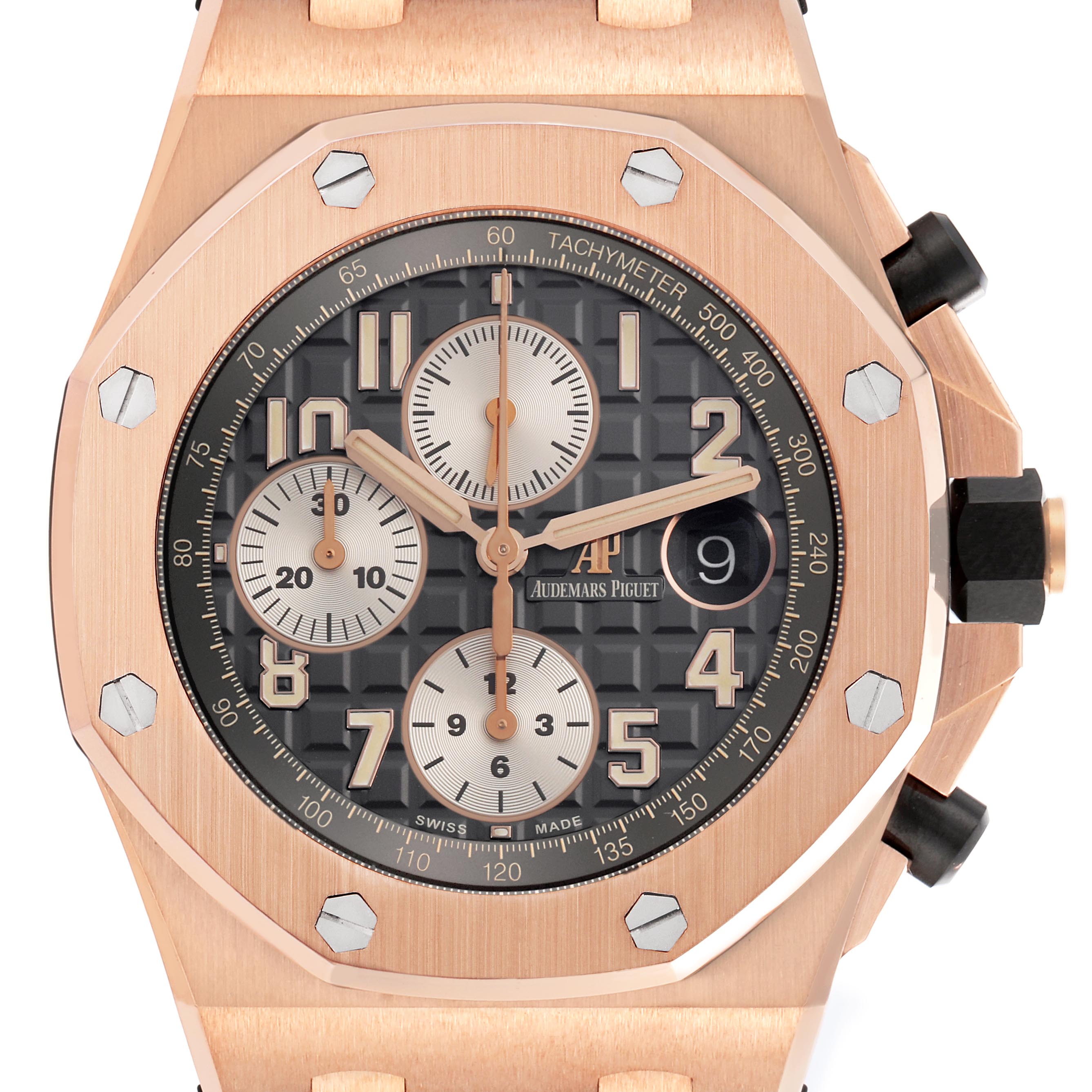 The Audemars Piguet Royal Oak Offshore 26470OR.OO.A125CR.01.A Men's Rose Gold Grey Dial 26470OR.OO.A125CR.01.A Men's Rose Gold Grey Dial watch is shown from the front, highlighting its rose gold case, dial, and chronograph features.