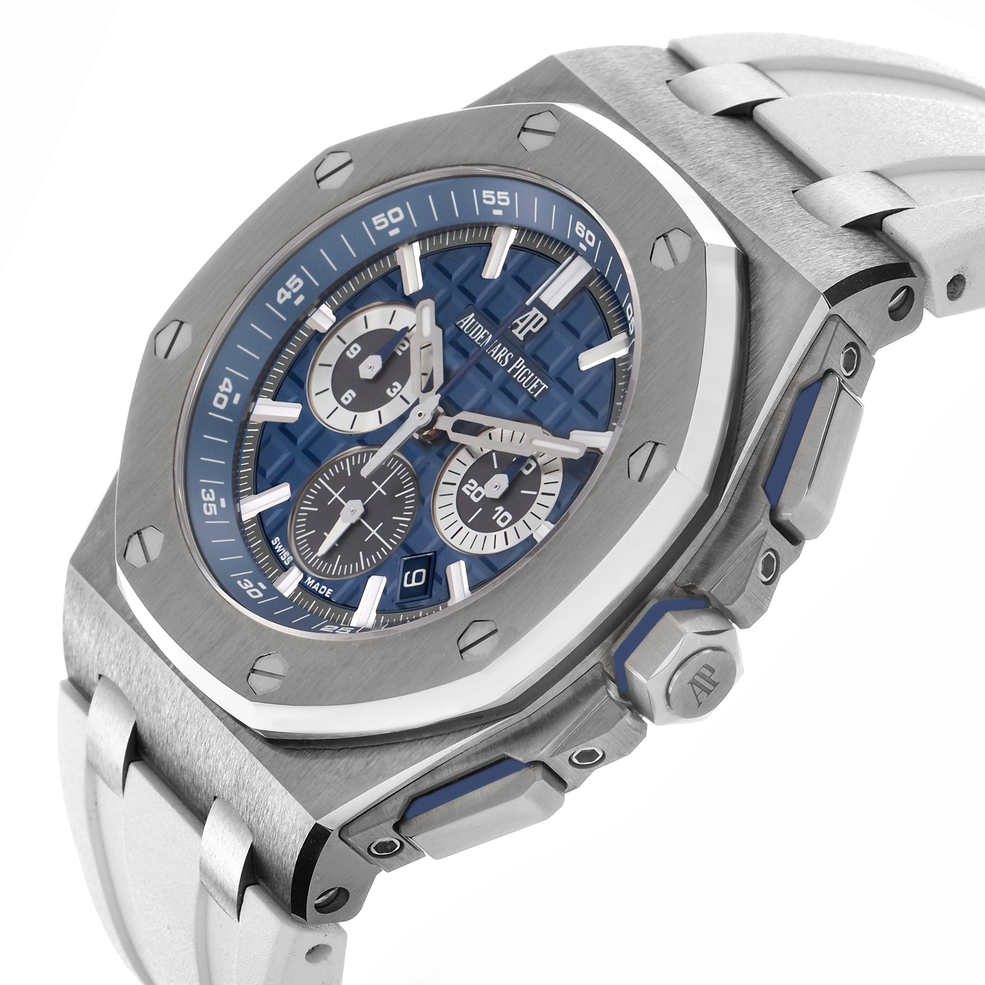 The Audemars Piguet Royal Oak Offshore 26480TI.OO.A027CA.01 Men's Titanium Blue Dial 26480TI.OO.A027CA.01 Men's Titanium Blue Dial is shown at an angled view, highlighting its case, bezel, dial, subdials, and integrated bracelet.