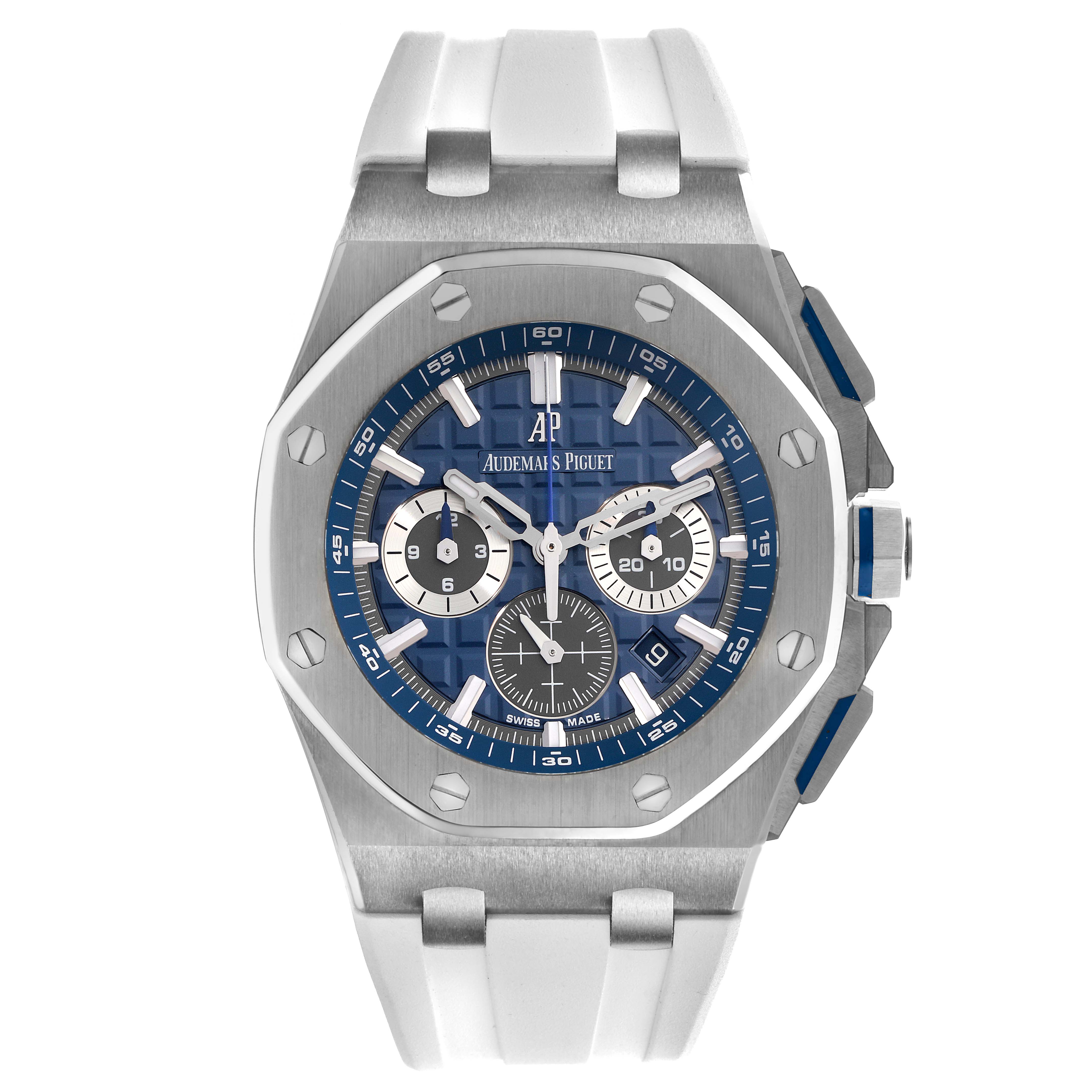 The Audemars Piguet Royal Oak Offshore 26480TI.OO.A027CA.01 Men's Titanium Blue Dial 26480TI.OO.A027CA.01 Men's Titanium Blue Dial watch is shown from the front, highlighting the dial, bezel, and strap.