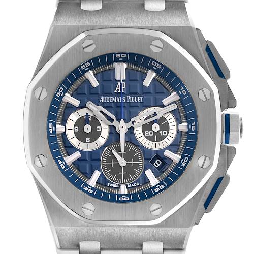 The Audemars Piguet Royal Oak Offshore watch is shown from the front, displaying the face, bezel, and part of the bracelet.