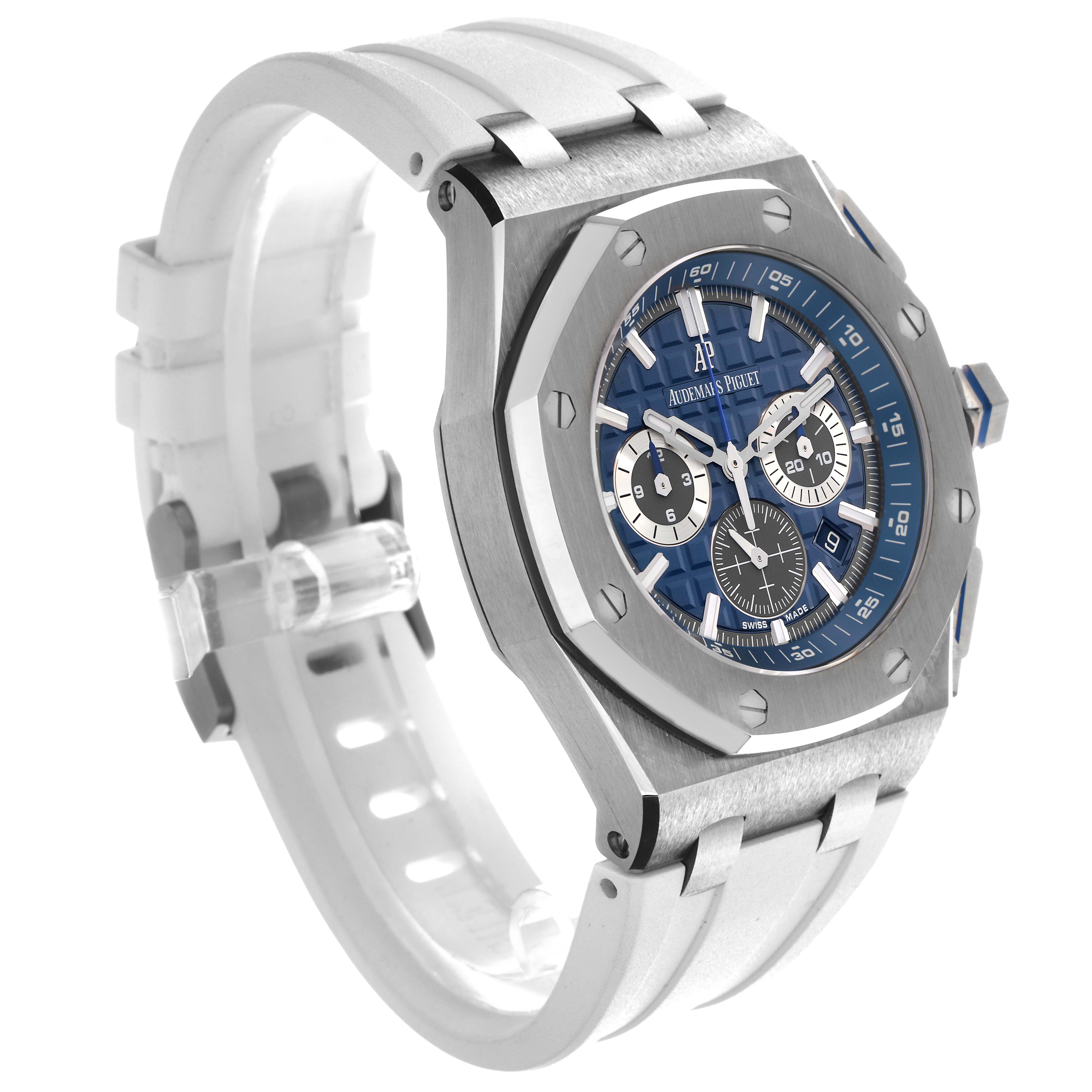 The image shows a side angle of an Audemars Piguet Royal Oak Offshore 26480TI.OO.A027CA.01 Men's Titanium Blue Dial 26480TI.OO.A027CA.01 Men's Titanium Blue Dial, highlighting the bezel, dial, and bracelet.