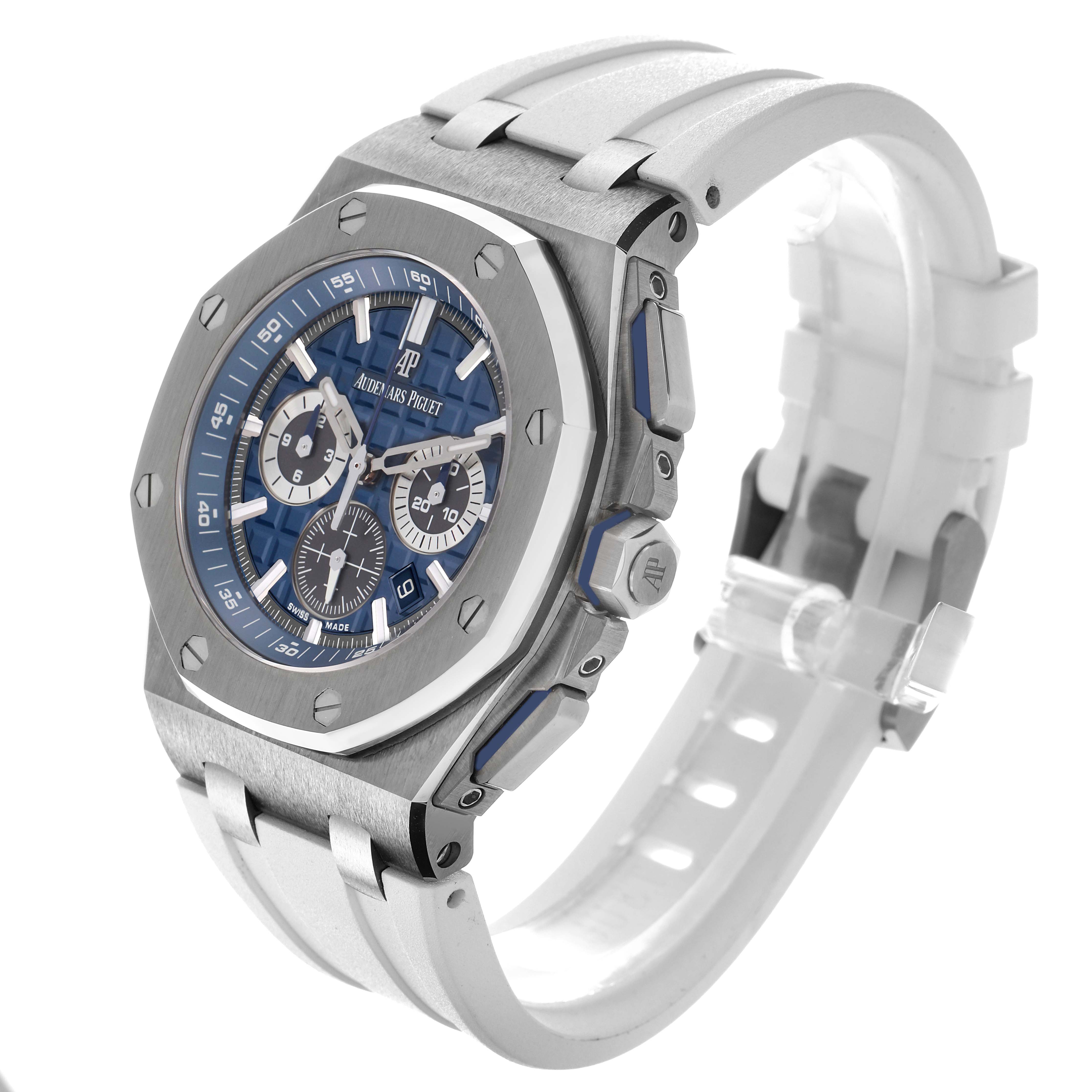 The Audemars Piguet Royal Oak Offshore 26480TI.OO.A027CA.01 Men's Titanium Blue Dial 26480TI.OO.A027CA.01 Men's Titanium Blue Dial watch is shown at a three-quarter angle, highlighting the face, bezel, pushers, and strap.