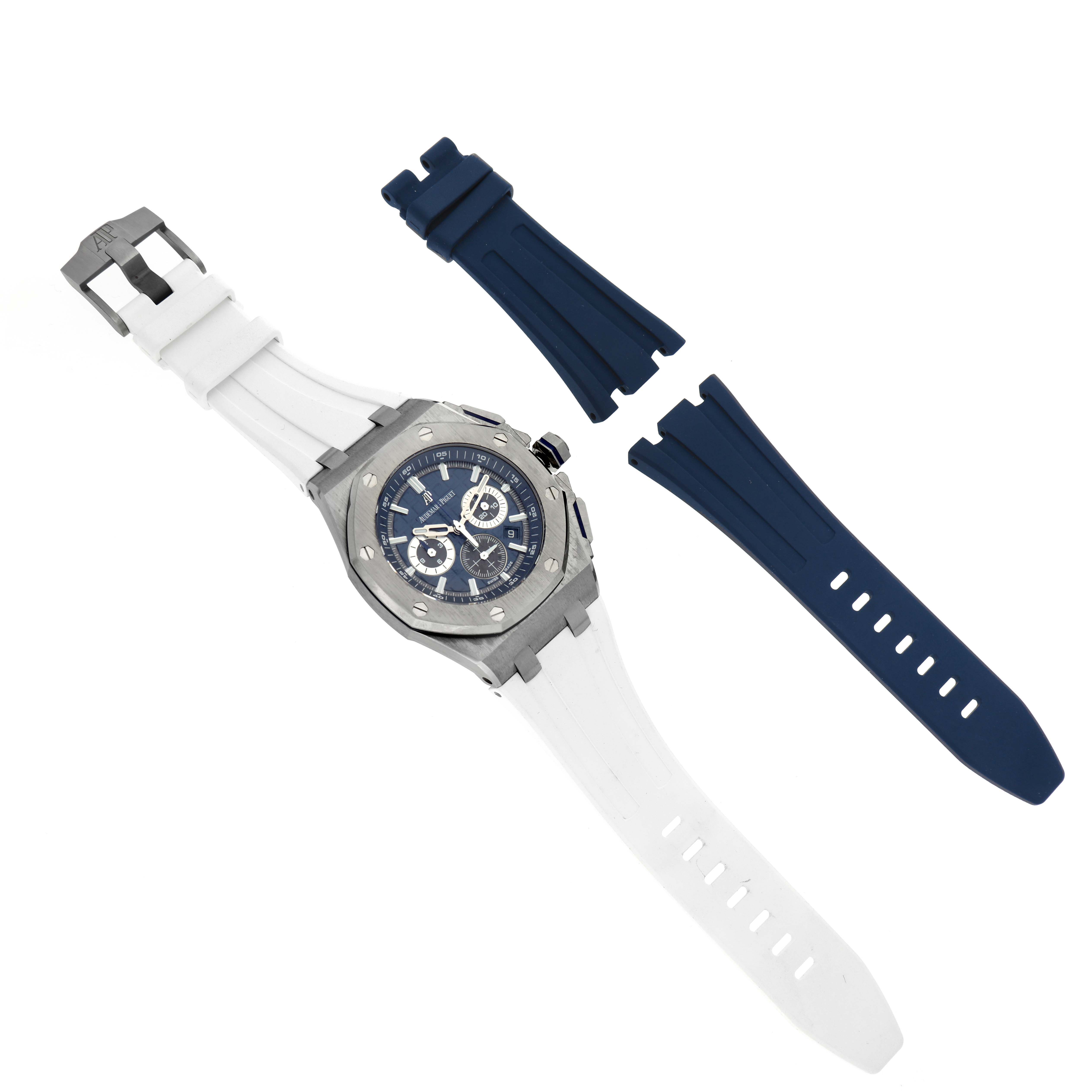 The Audemars Piguet Royal Oak Offshore 26480TI.OO.A027CA.01 Men's Titanium Blue Dial 26480TI.OO.A027CA.01 Men's Titanium Blue Dial watch is shown from a top view with a blue dial and includes an extra blue strap.