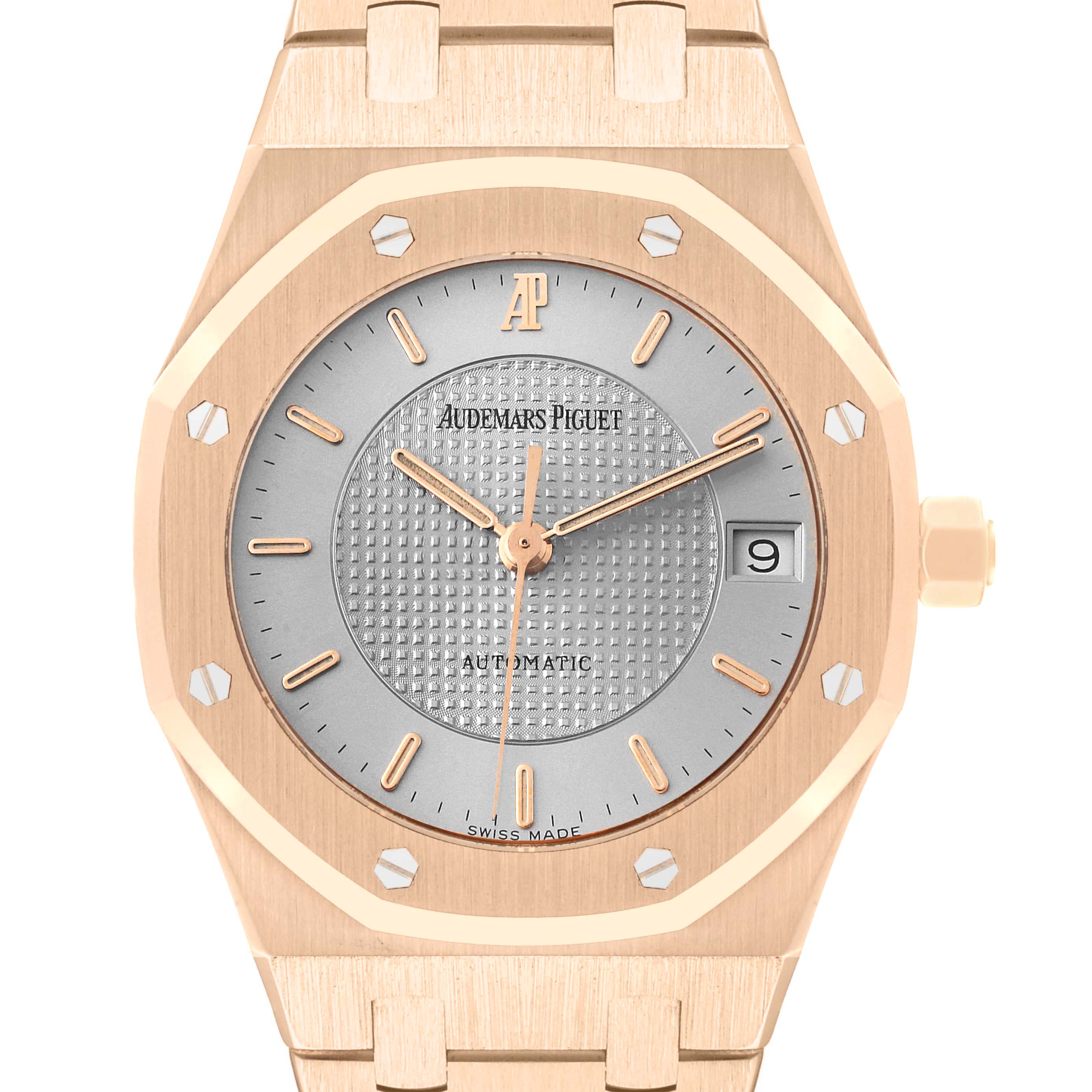 The image shows a front angle of an Audemars Piguet Royal Oak 15097OR.O.0789OR.01 Men's Rose Gold Silver Dial 15097OR.O.0789OR.01 Men's Rose Gold Silver Dial watch, highlighting the face, bezel, dial, hands, and bracelet.
