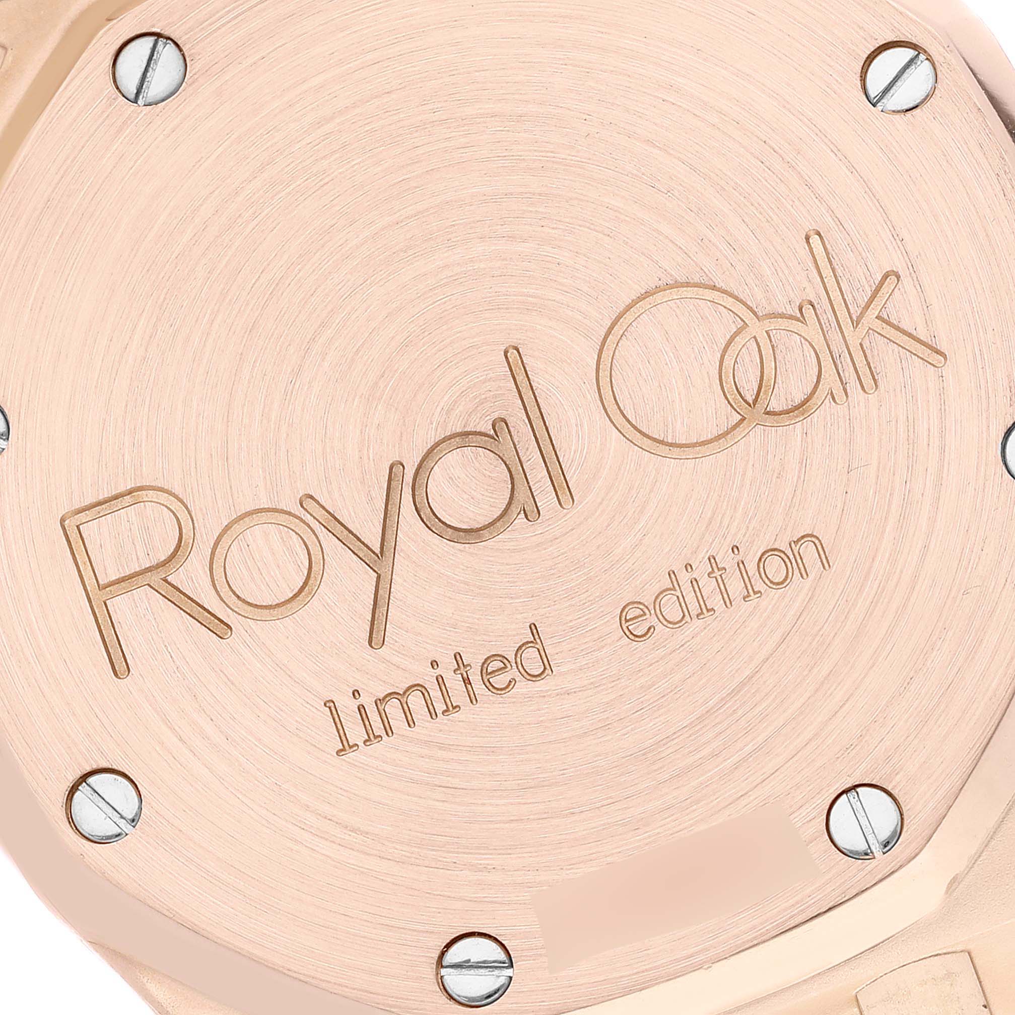 This image shows the case back of an Audemars Piguet Royal Oak 15097OR.O.0789OR.01 Men's Rose Gold Silver Dial 15097OR.O.0789OR.01 Men's Rose Gold Silver Dial watch, engraved with "Royal Oak limited edition."