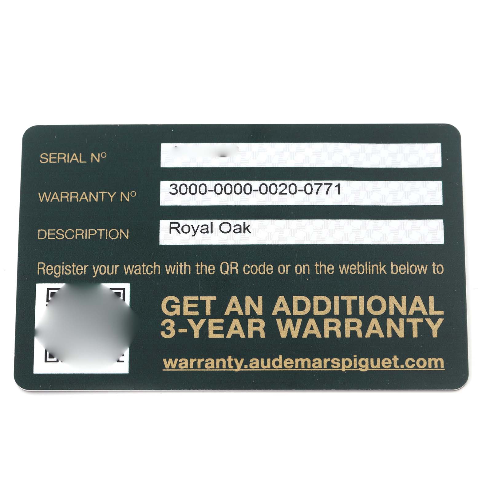 The image shows a warranty card for an Audemars Piguet Royal Oak 15300ST.OO.1220ST.04 Men's Stainless Steel White Dial 15300ST.OO.1220ST.04 Men's Stainless Steel White Dial watch, featuring serial and warranty numbers.