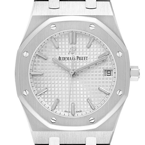The Audemars Piguet Royal Oak is shown from the front, displaying the dial, iconic octagonal bezel with screws, and crown.